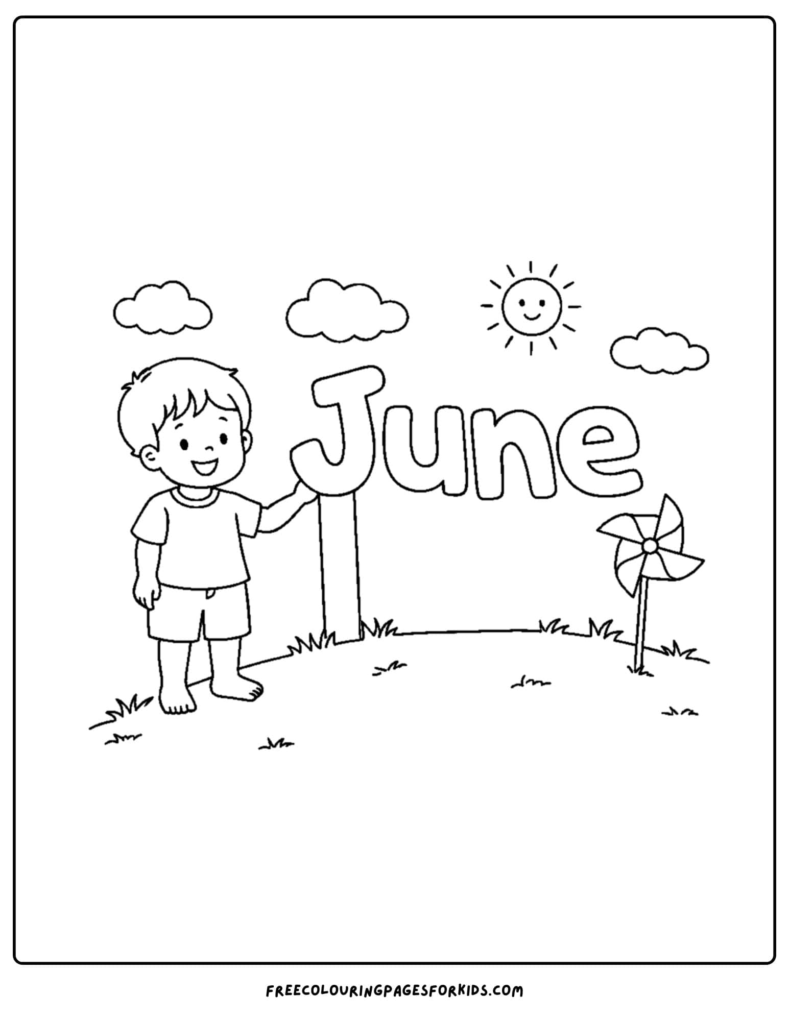 a coloring page for june showing a child standing on a breezy hill