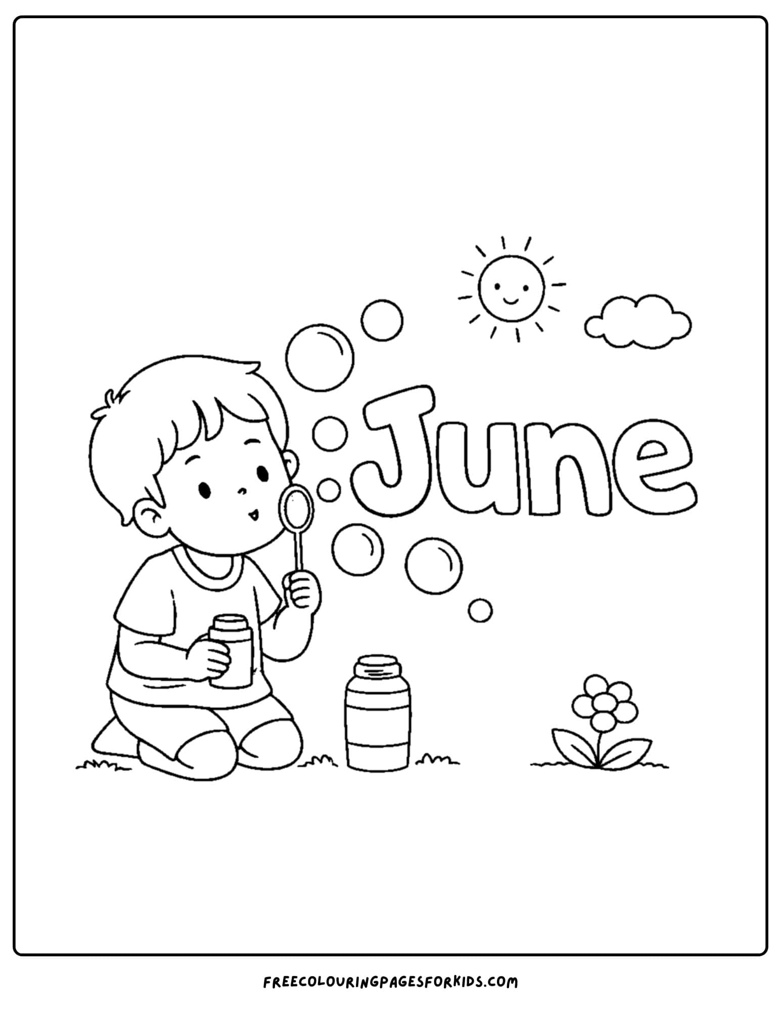 a coloring page for june showing a child blowing bubbles