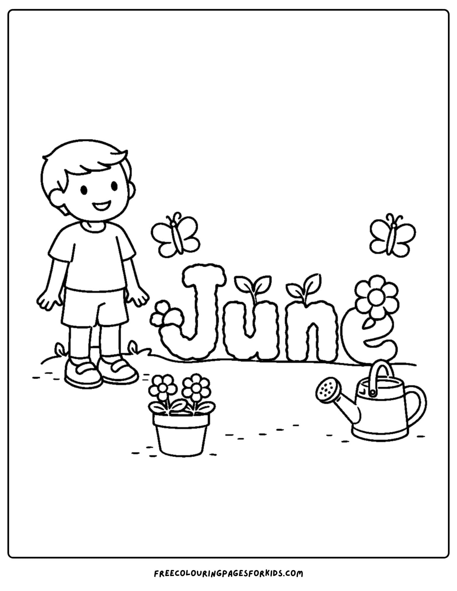 a coloring page for june showing a child with butterflies in the garden