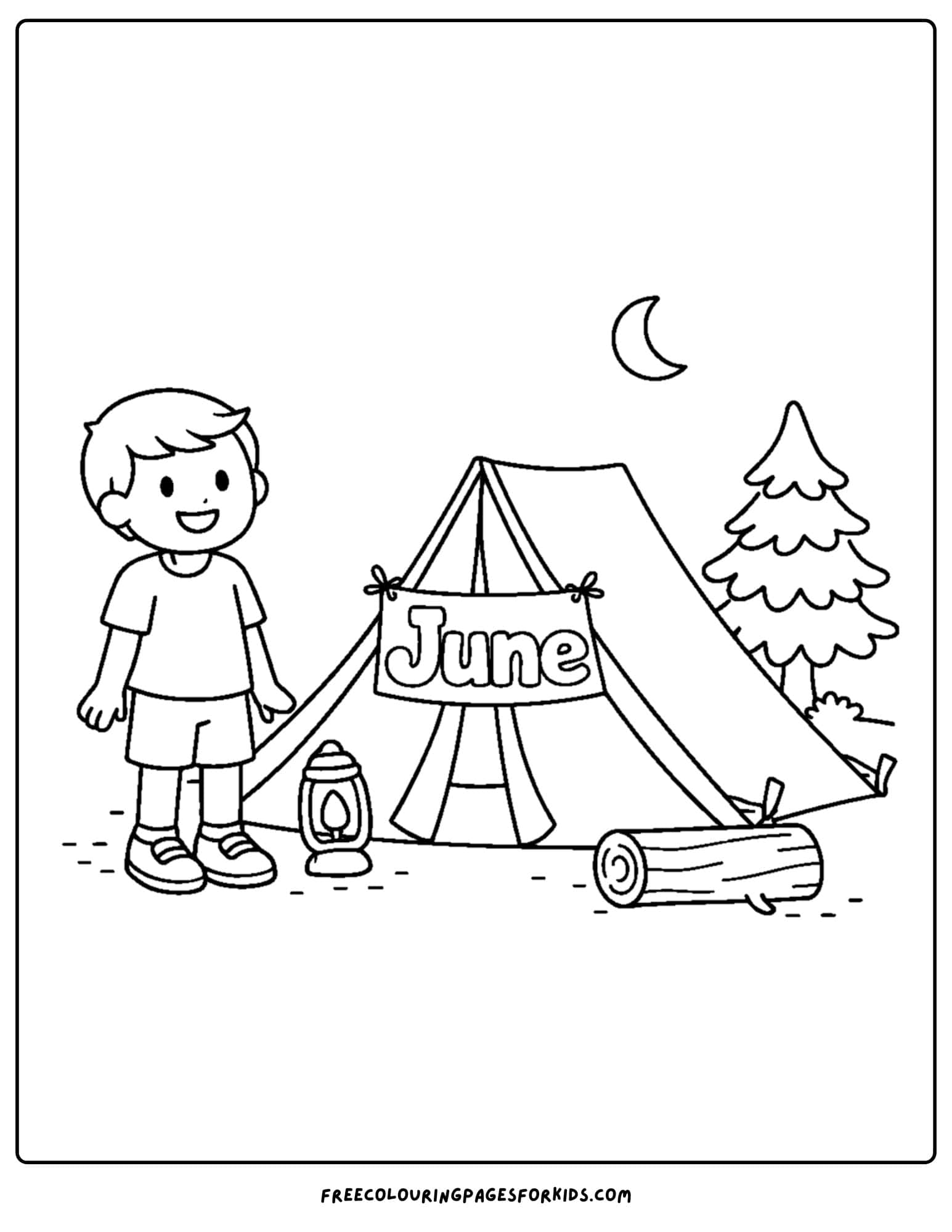 a coloring page for june showing a child standing next to a camping tent