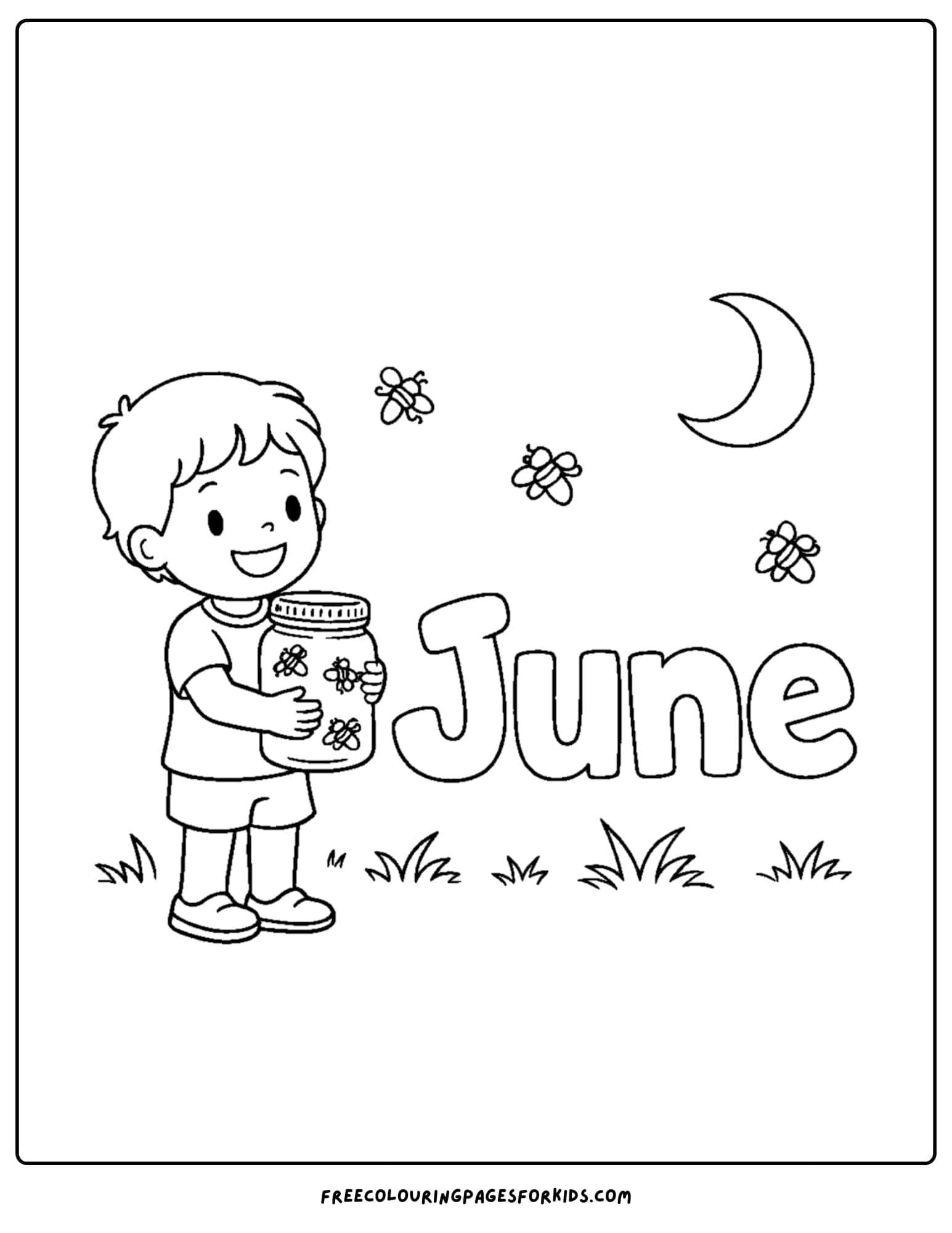 a coloring page for june showing a child with a jar catching fireflys