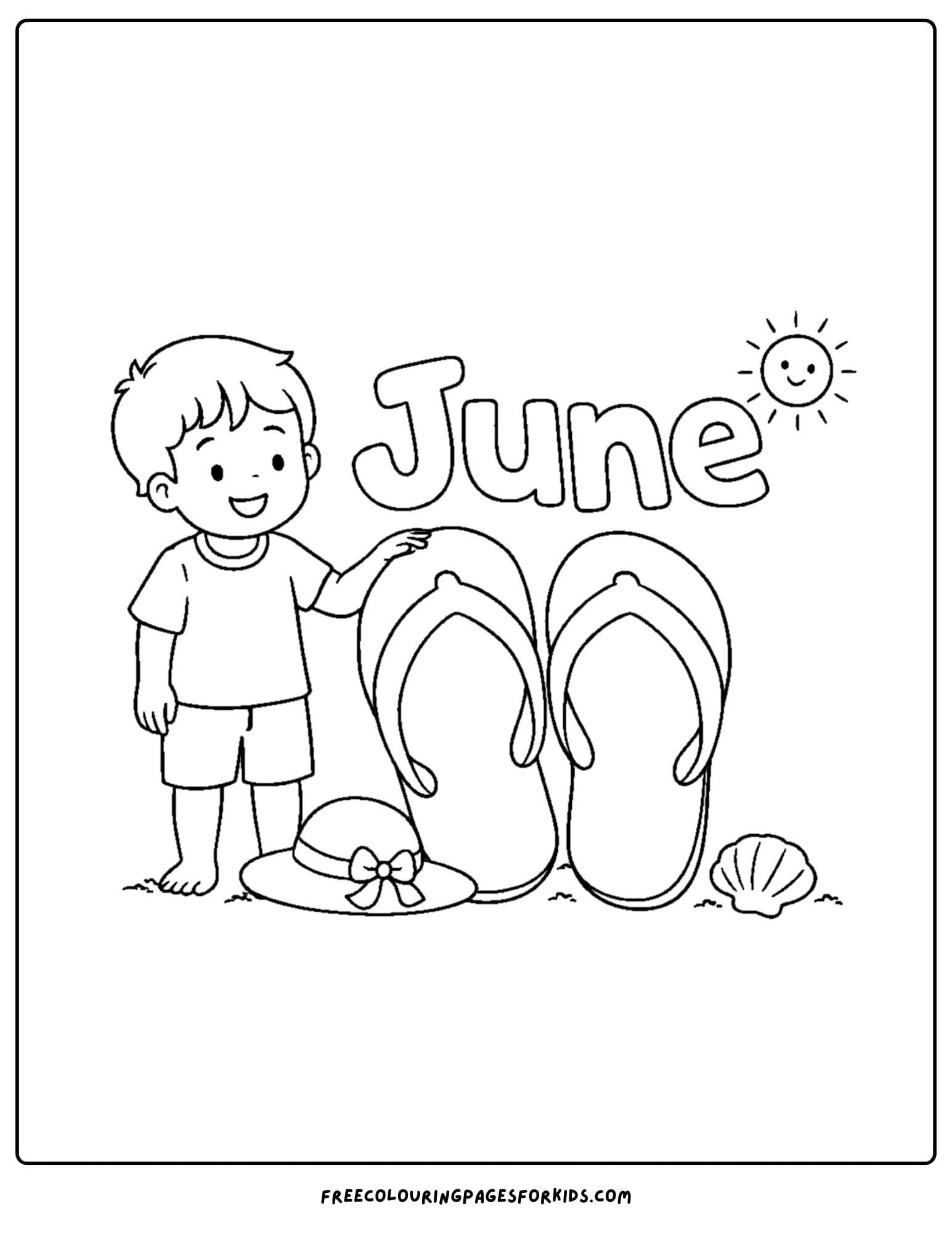 a coloring page for june showing a child standing next to a giant pair of flip flops