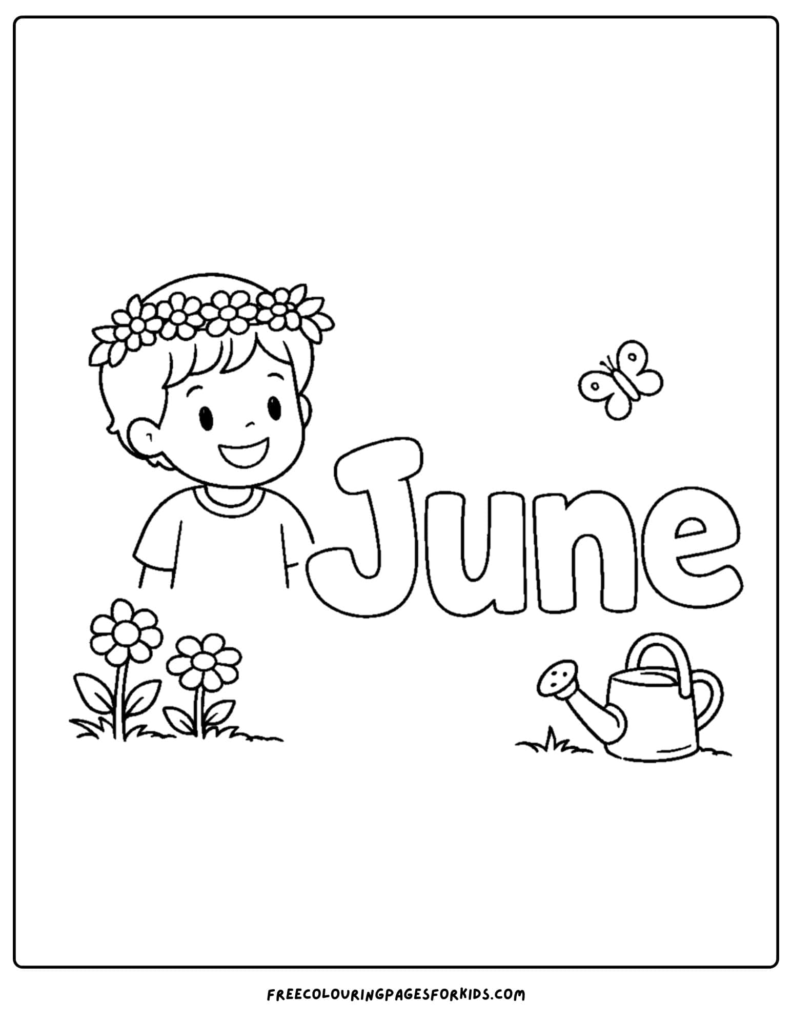 a coloring page for june showing a child wearing a flower crown