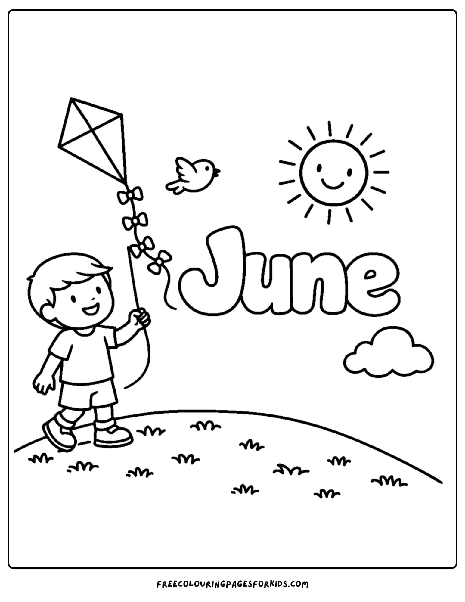 a coloring page for june showing a child flying a kite