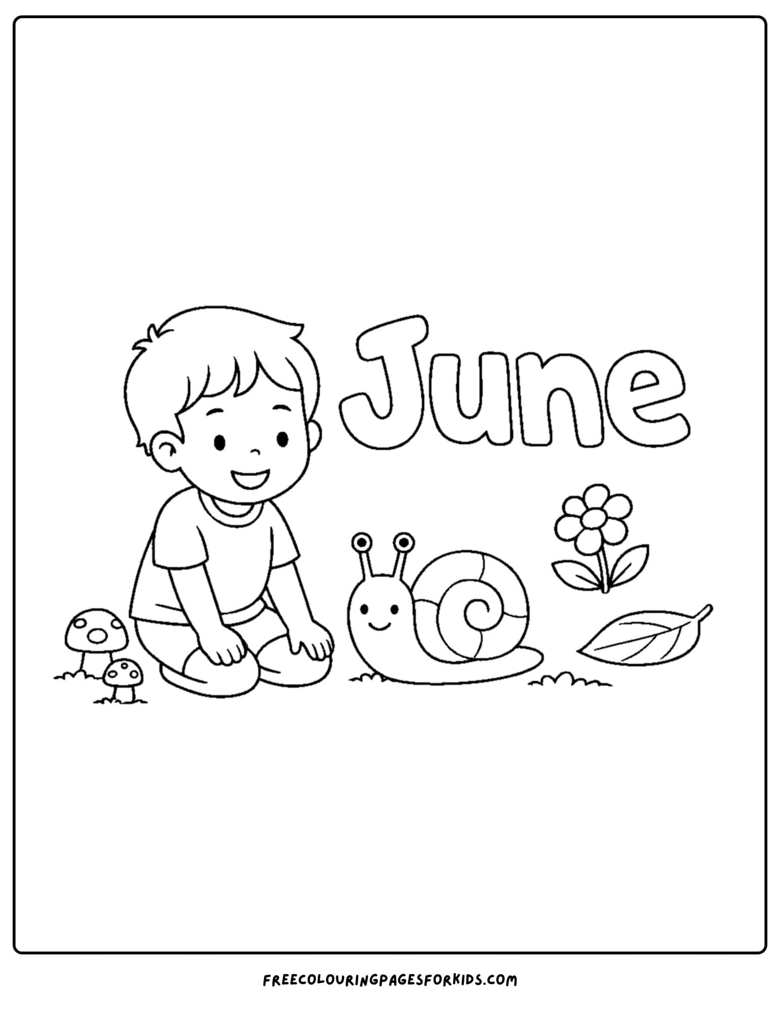 a coloring page for june showing a child watching a snail