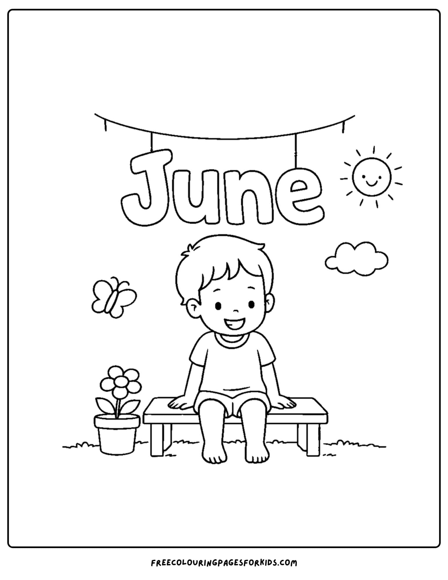a coloring page for june showing a child sitting on a garden bench