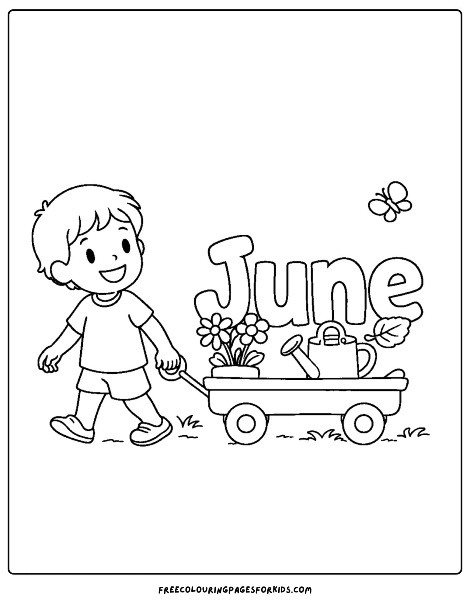 a coloring page for june showing a child pulling a wagon with a watering can and flowers