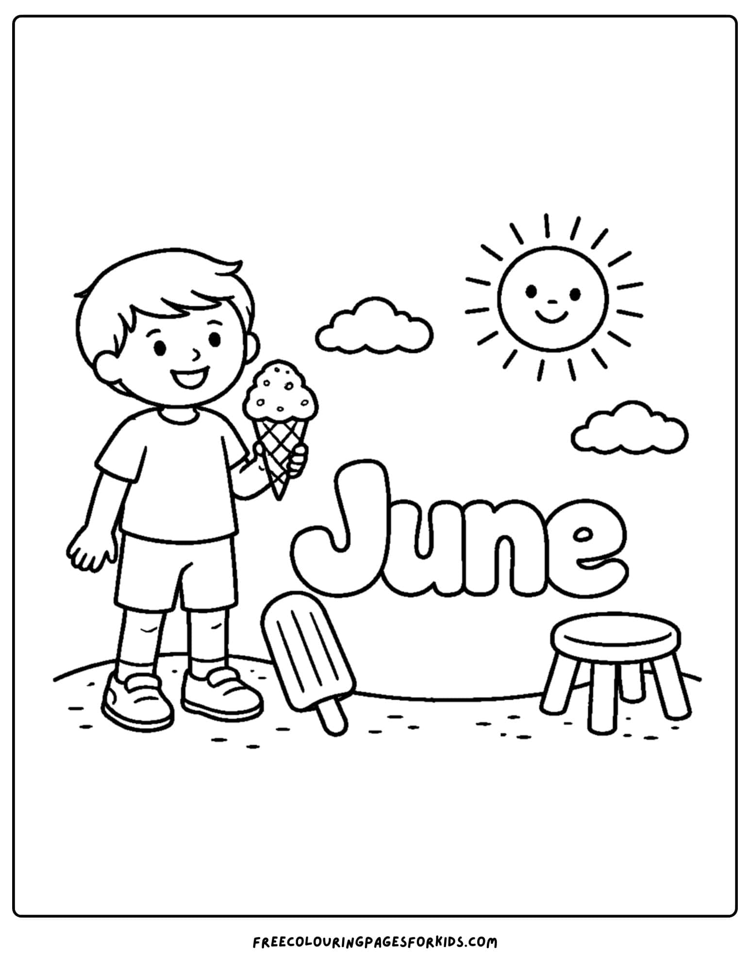 a coloring page for june showing a child eating ice creams under the sun