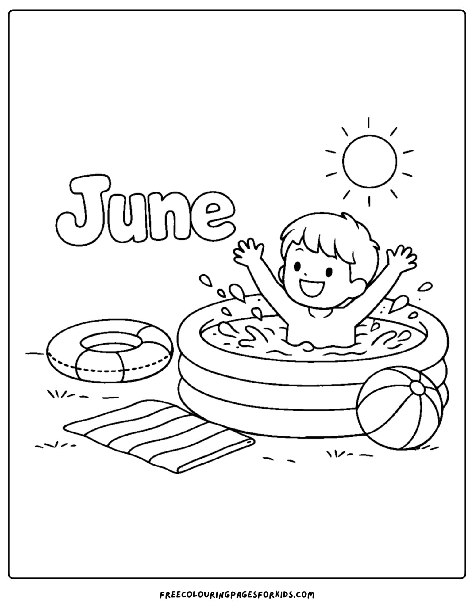 a coloring page for june showing a child splashing in a pool