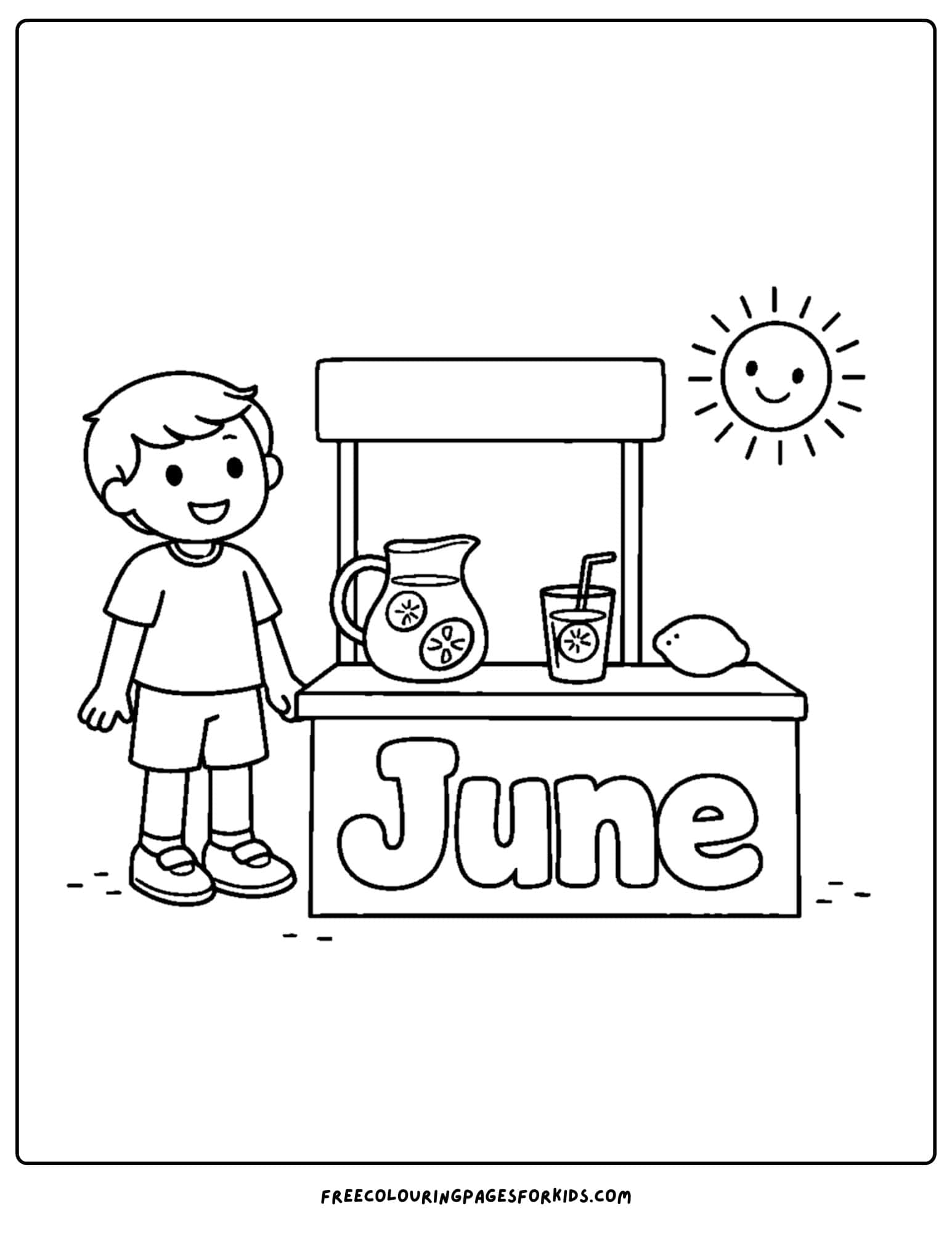 a coloring page for june showing a child selling lemonade