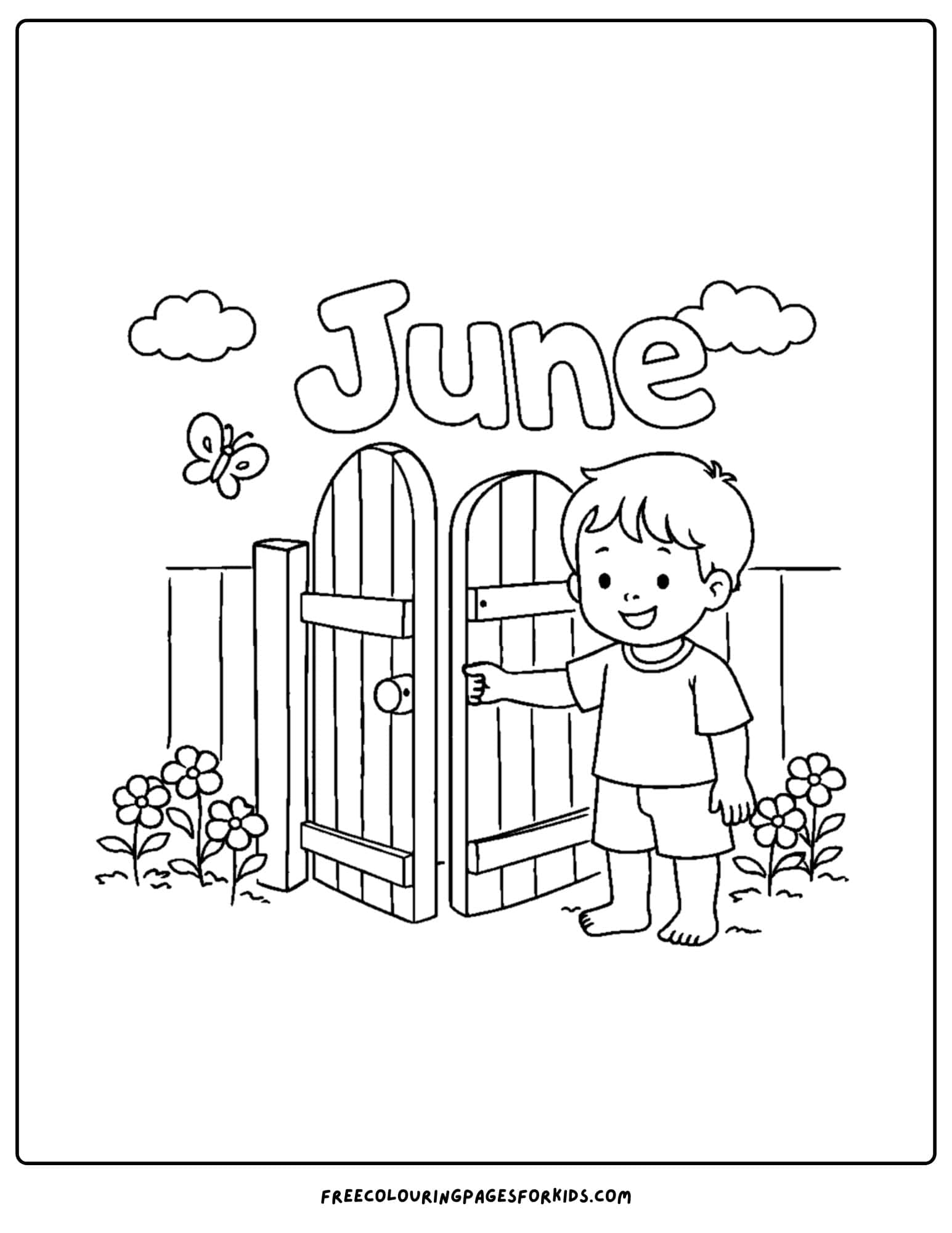 a coloring page for june showing a child opening a garden gate