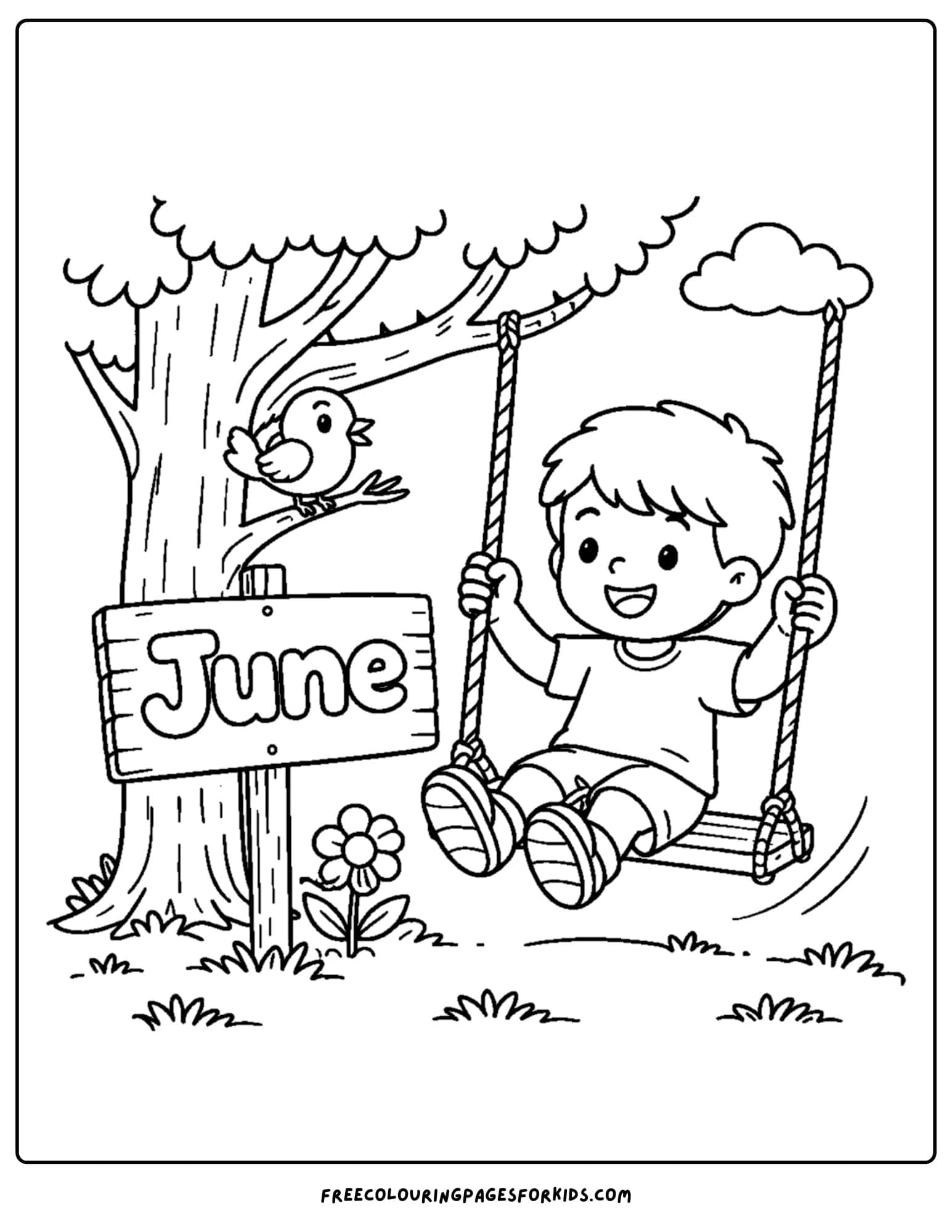 a coloring page for june showing a child having fun on a tree swing