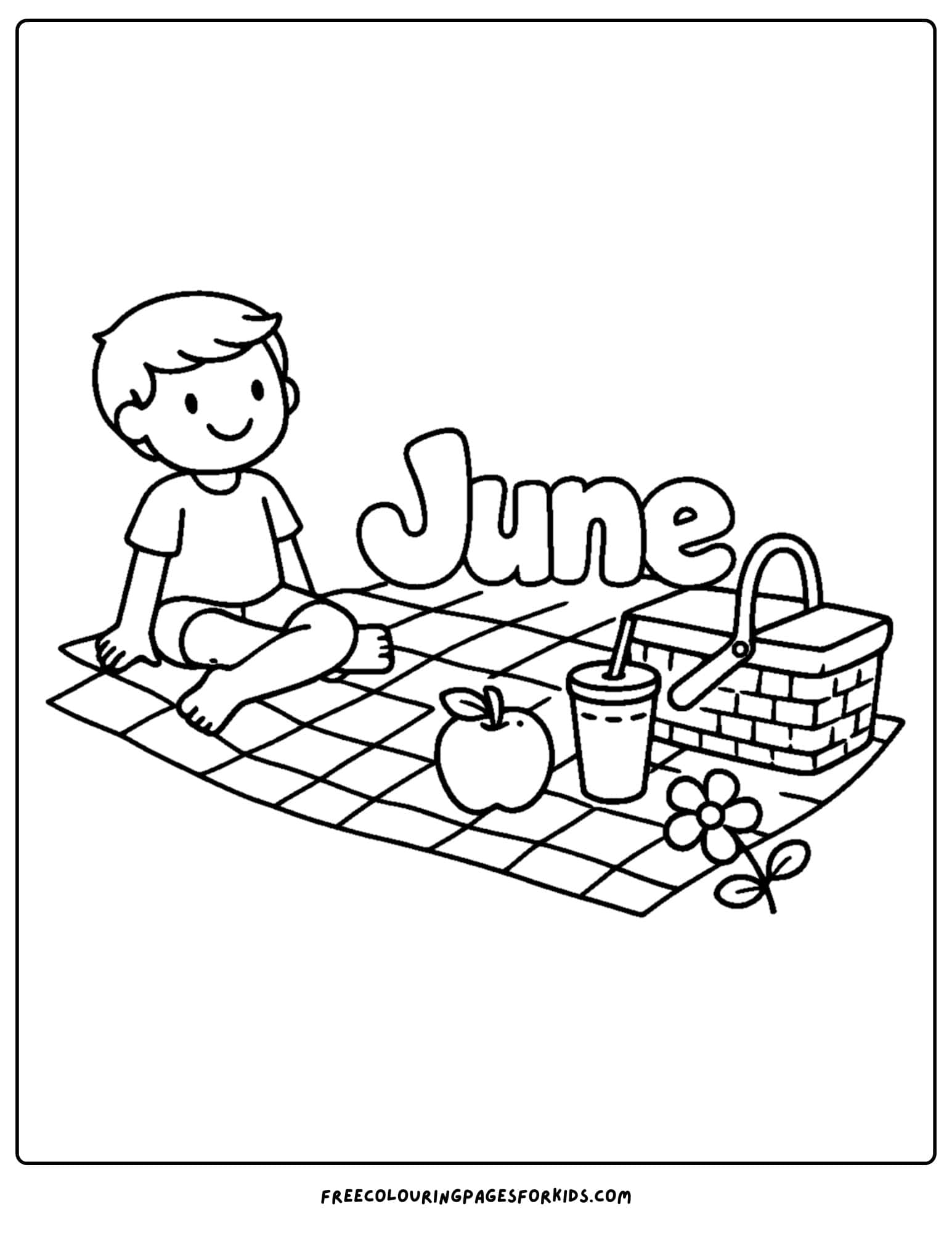 a coloring page for june showing a child having a picnic lunch