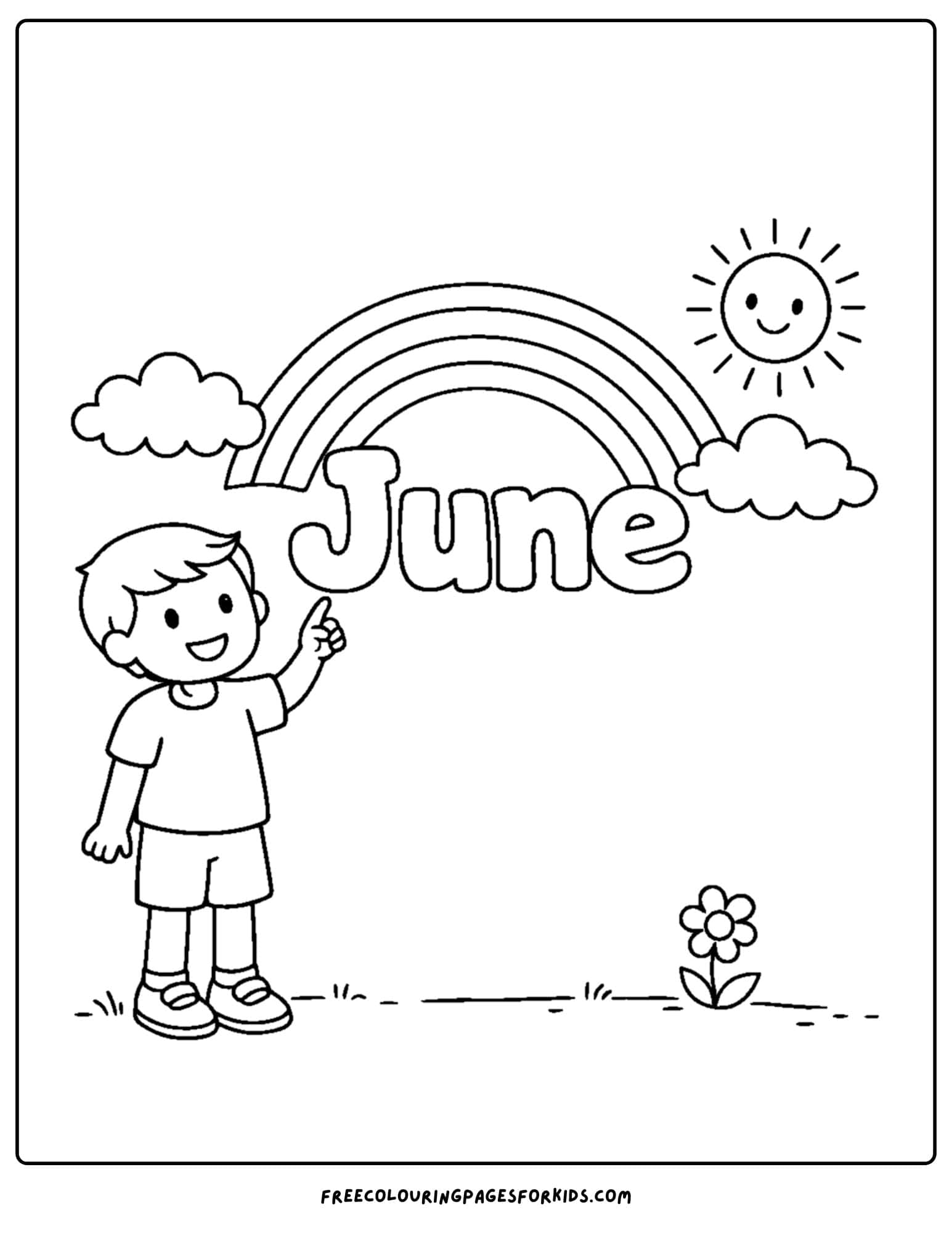 a coloring page for june showing a child pointing at a rainbow