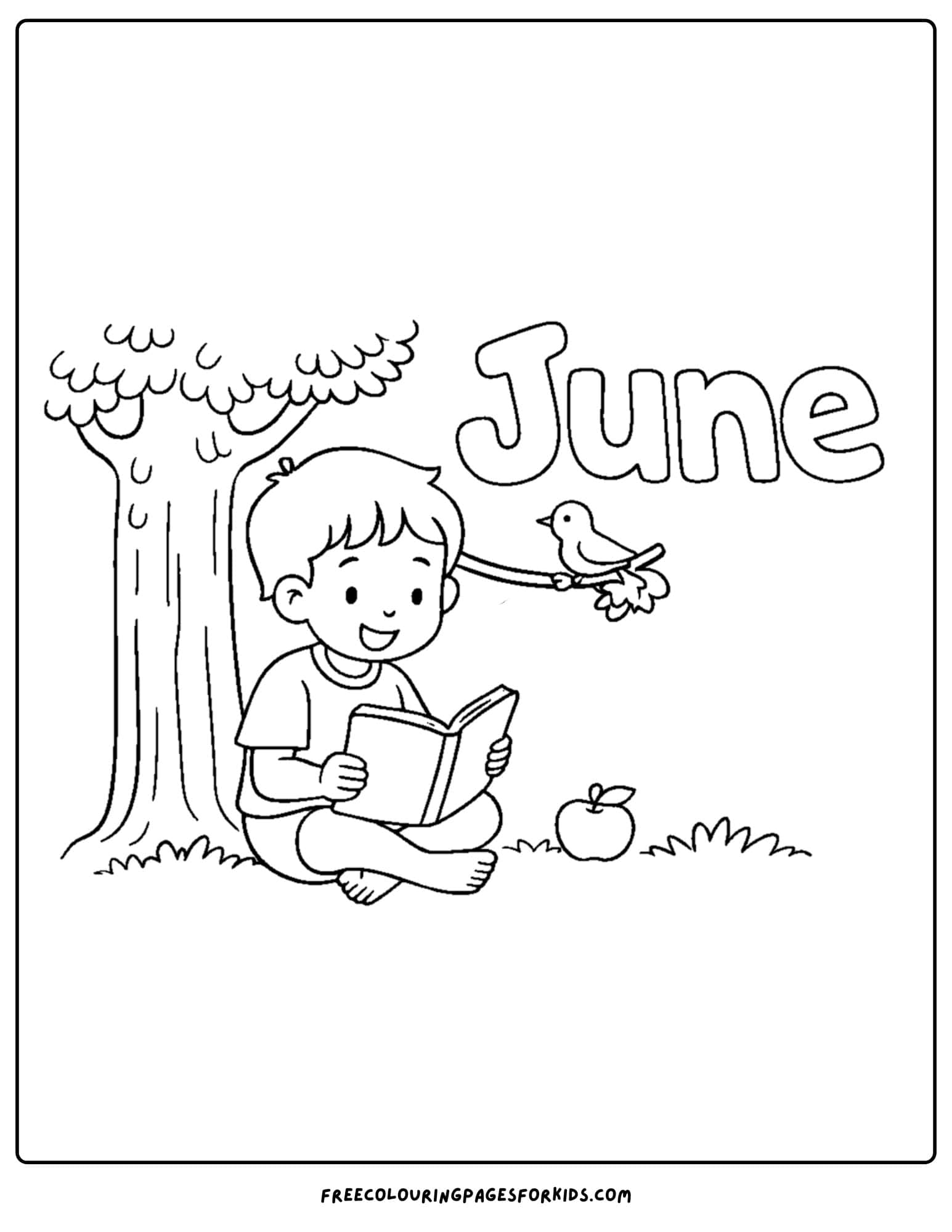 a coloring page for june showing a child sitting and reading under a tree