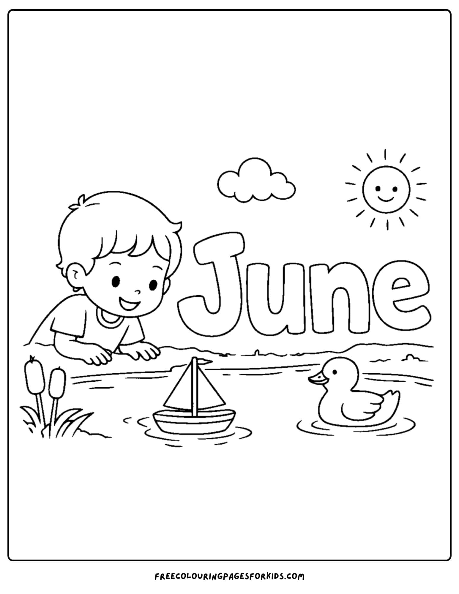 a coloring page for june showing a child playing with a sailboat on a pond