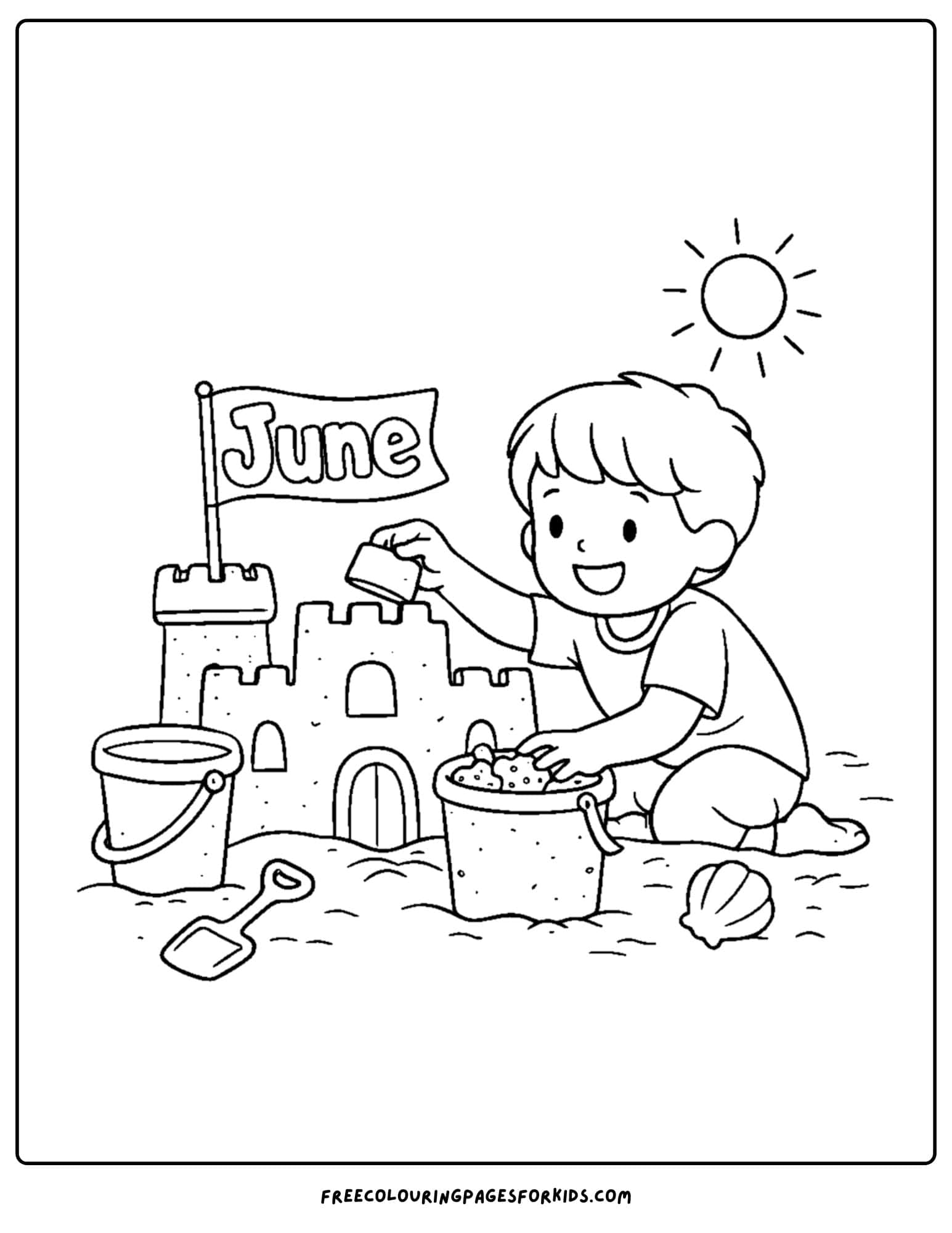 a coloring page for june showing a child creating a sandcastle