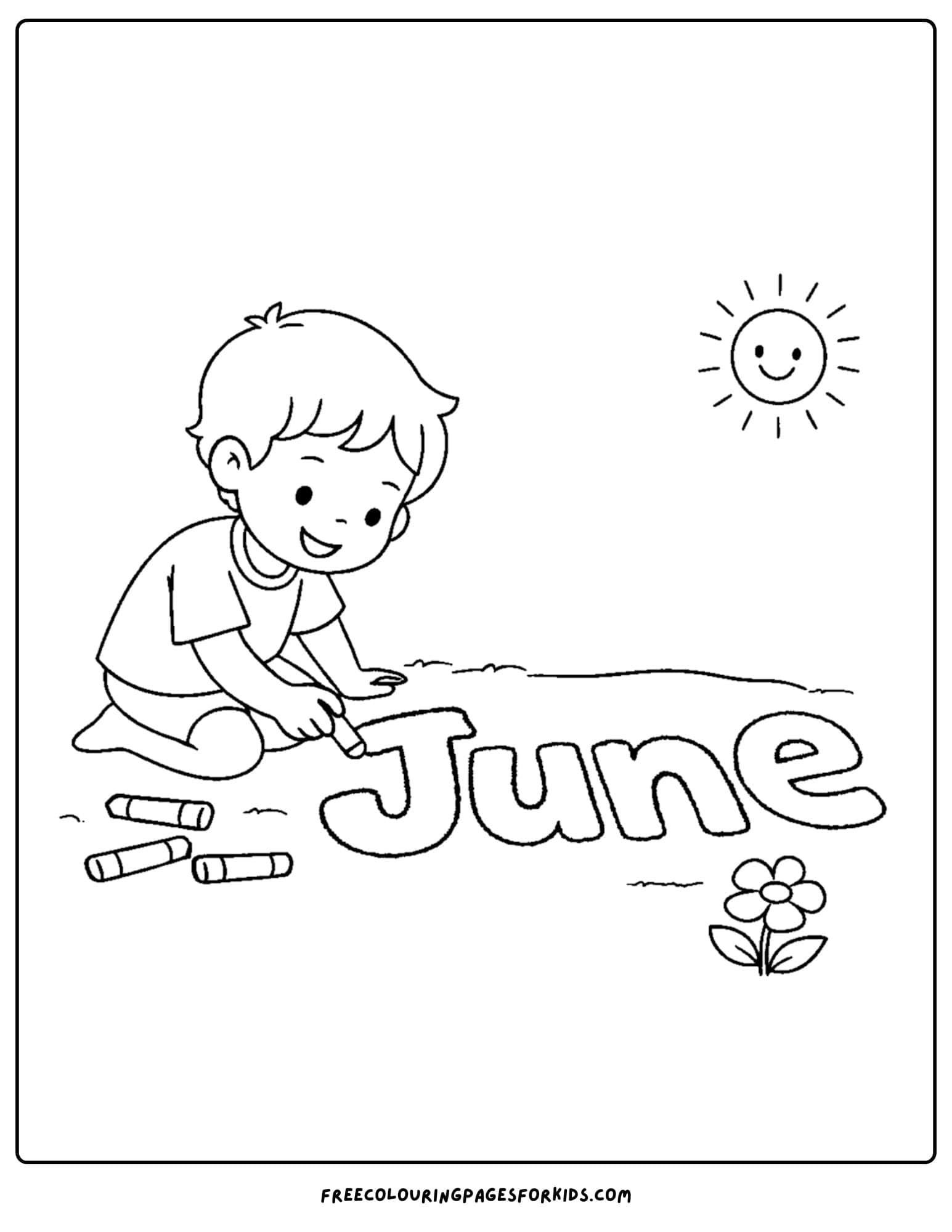 a coloring page for june showing a child writing the word june with chalk