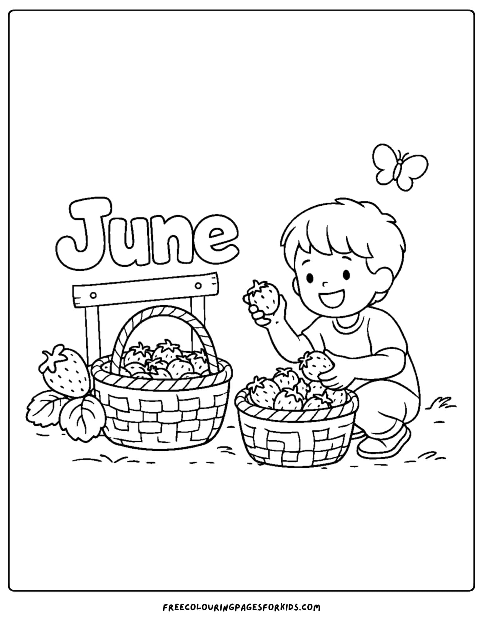 a coloring page for june showing a child picking strawberries