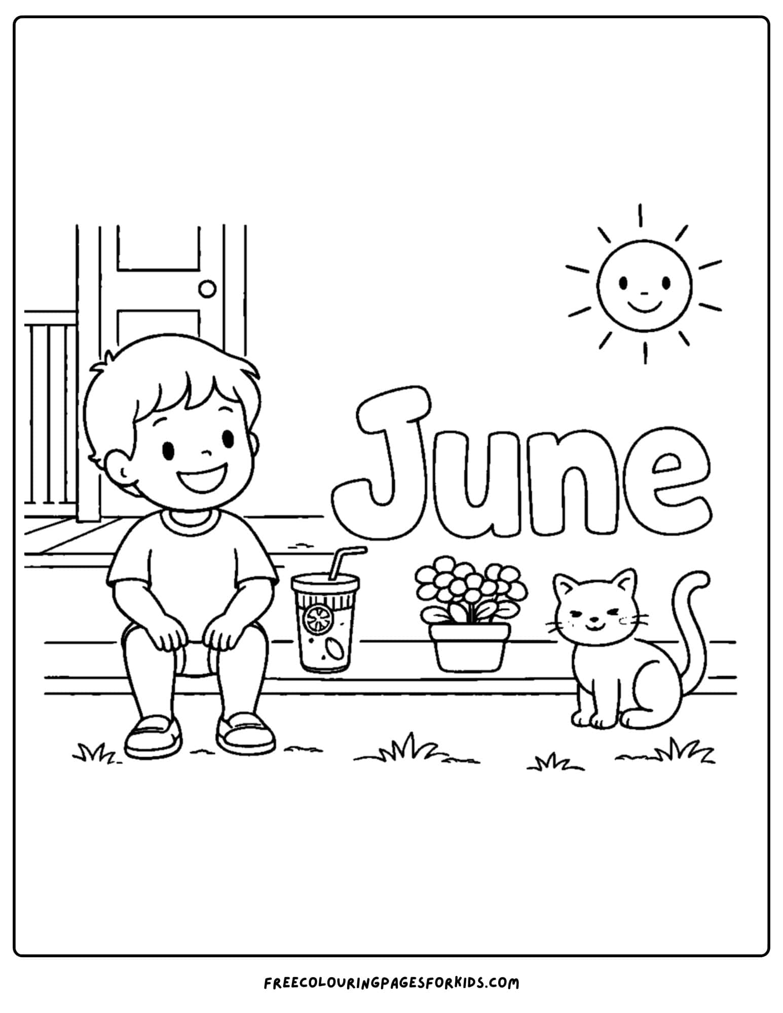 a coloring page for june showing a child sitting in a sunny porch with a cat and flower pots