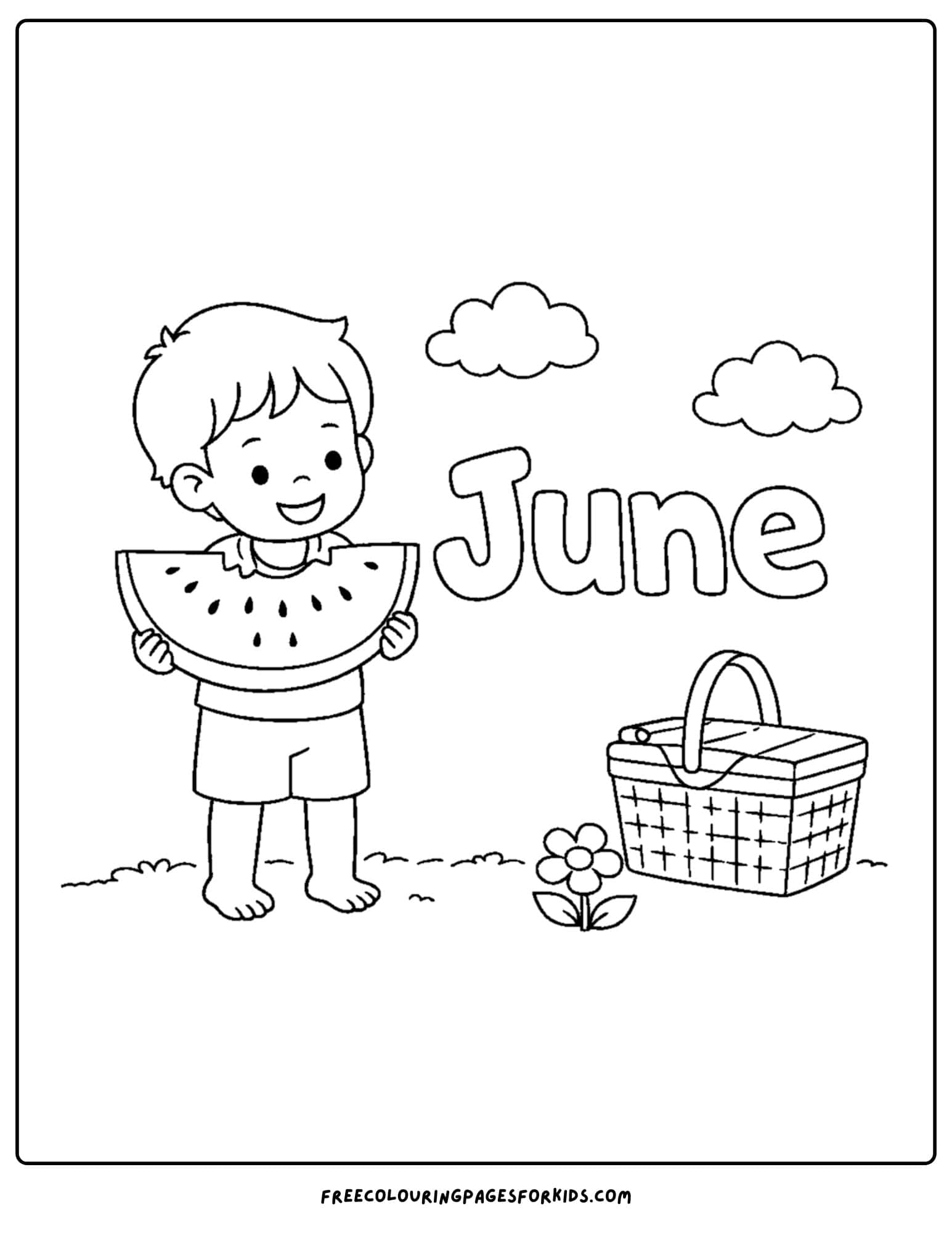 a coloring page for june showing a child holding a slice of watermelon and a picnic basket