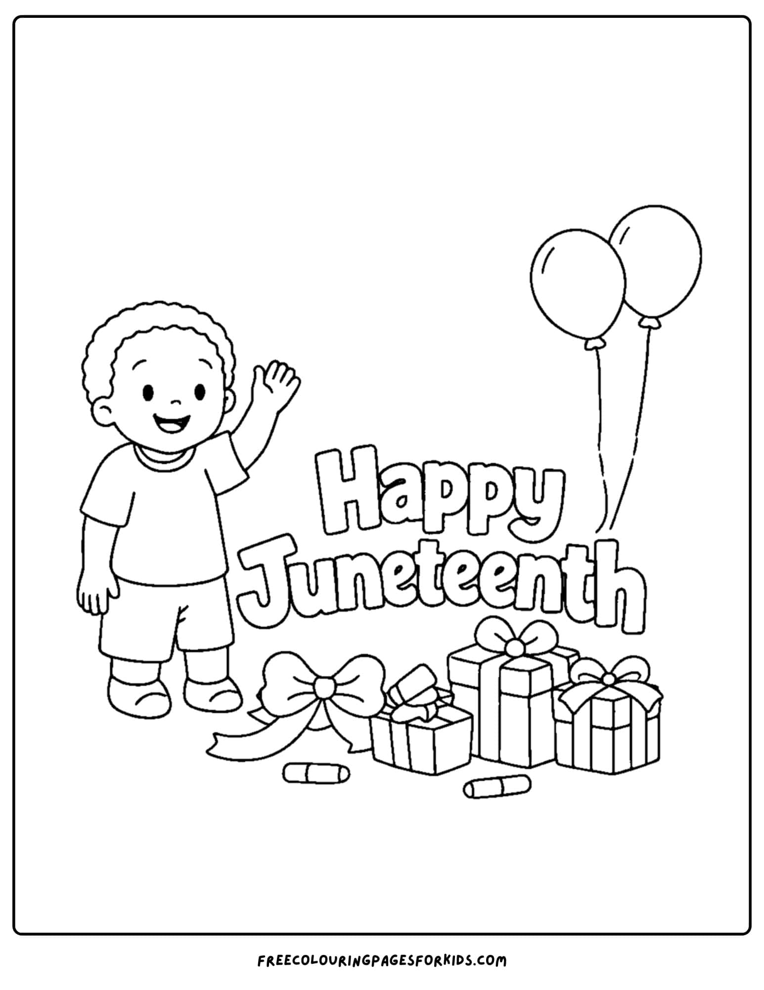 a happy juneteenth coloring page showing a child with balloons and gifts