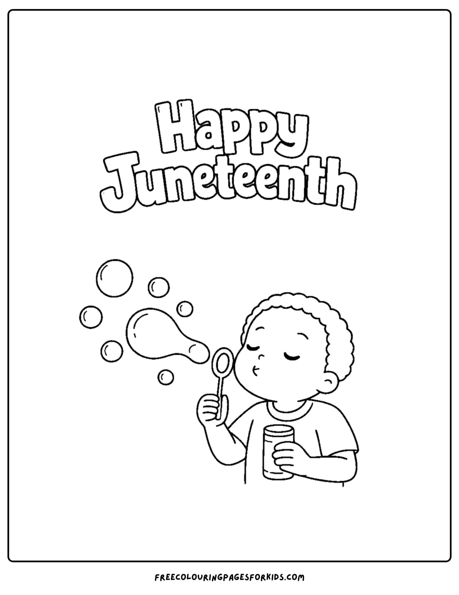 a happy juneteenth coloring page showing a child blowing bubbles