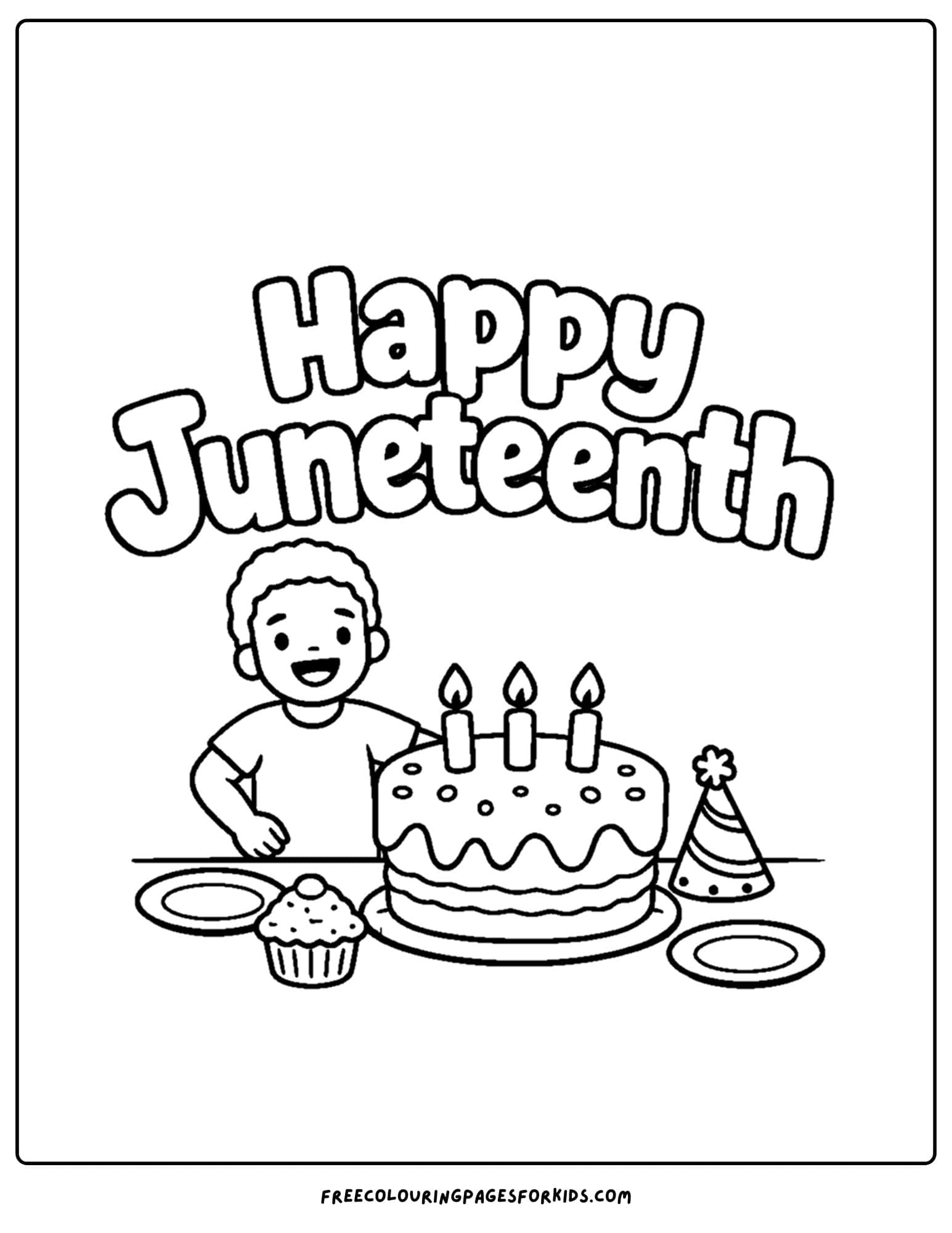 a happy juneteenth coloring page showing a child with a cake