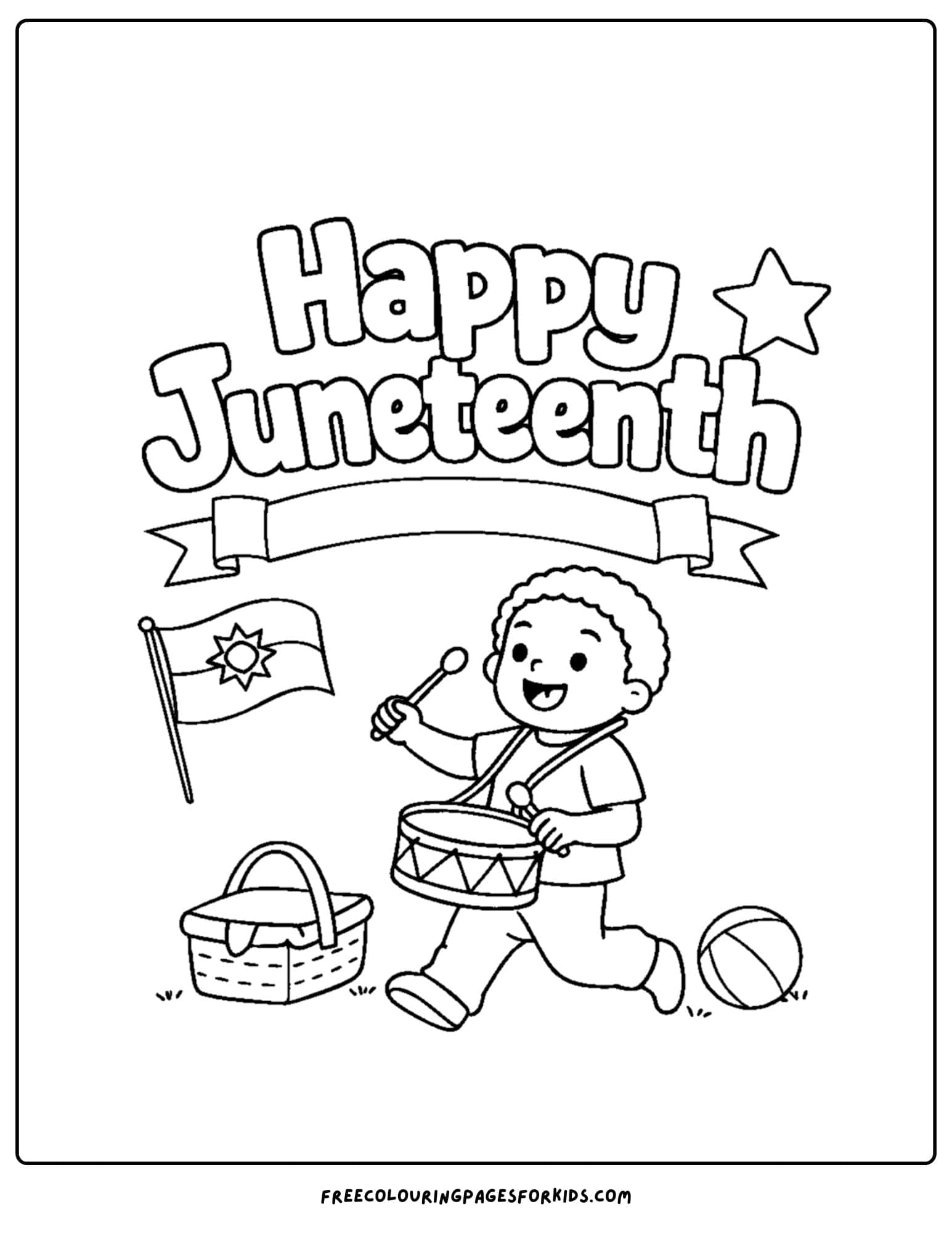 a happy juneteenth coloring page showing a child playing a drum