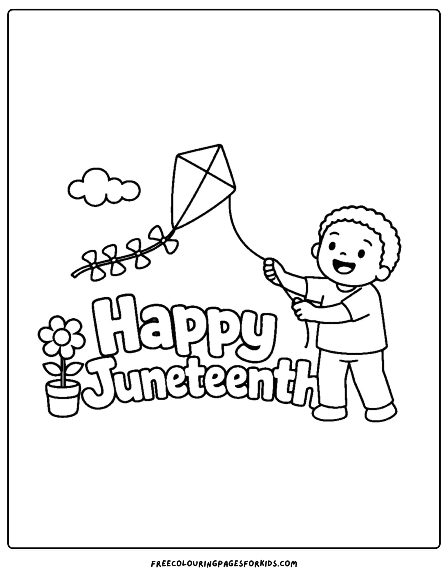 a happy juneteenth coloring page showing a child flying a kite