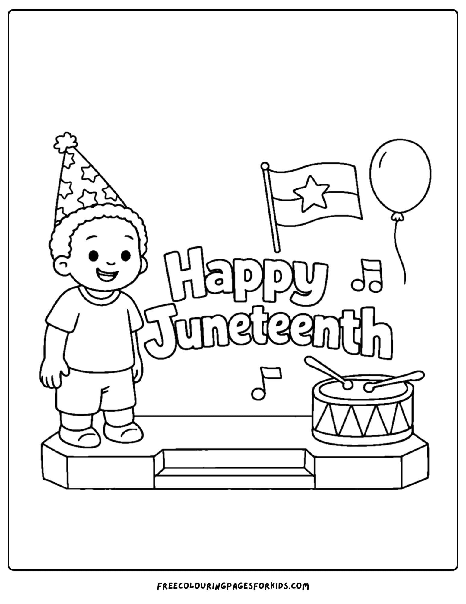a happy juneteenth coloring page showing a child wearing a hat to celebrate