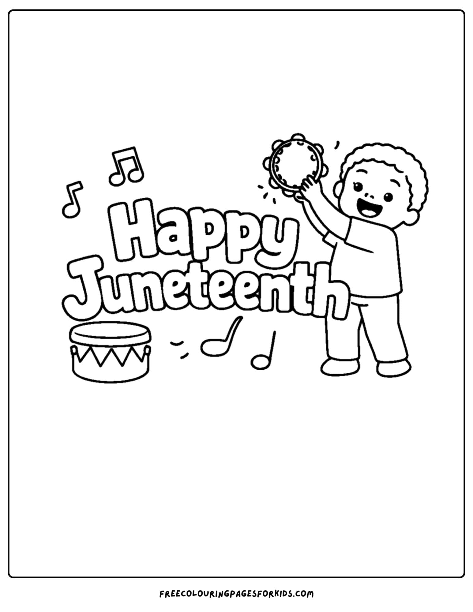 a happy juneteenth coloring page showing a child playing the tambourine
