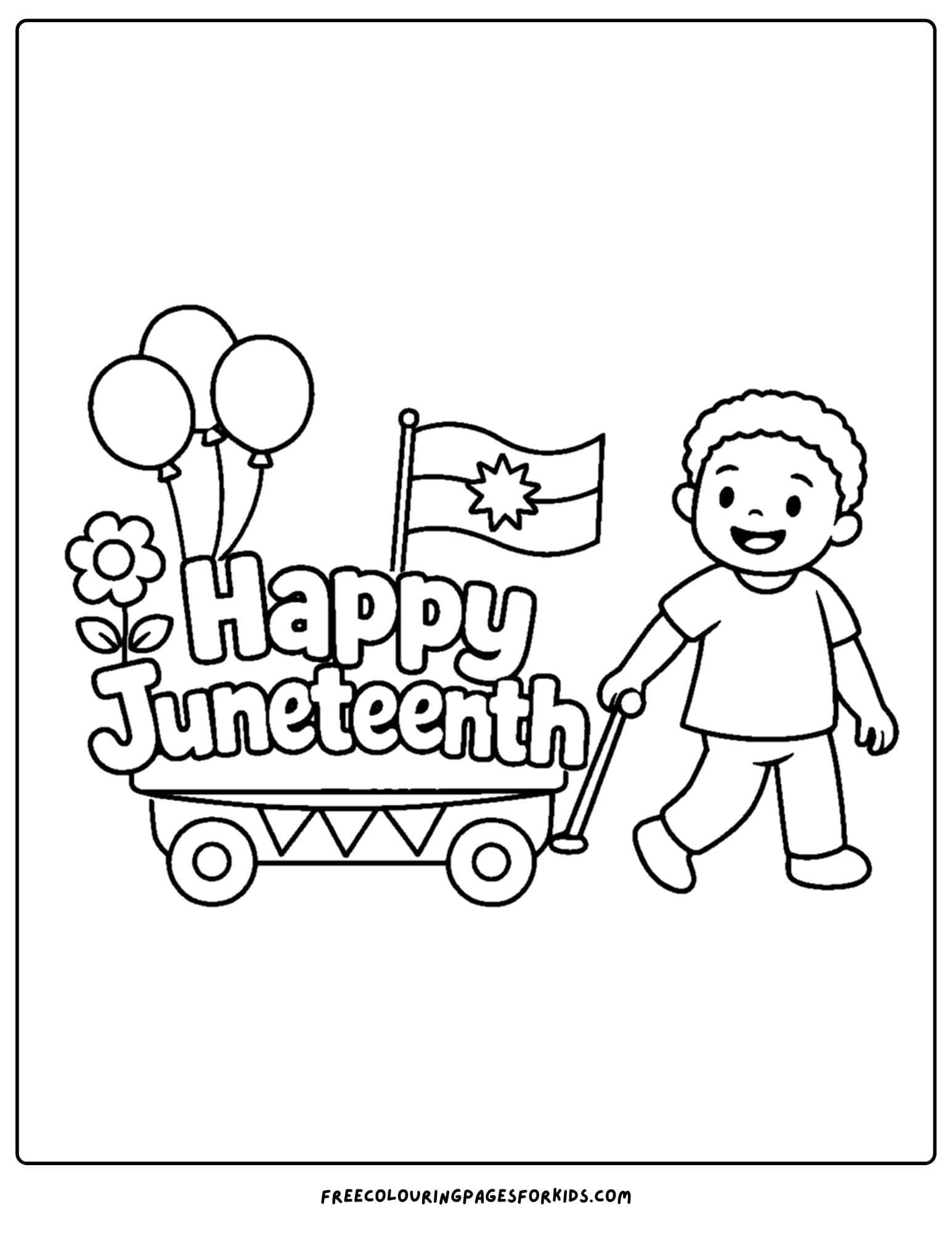 a happy juneteenth coloring page showing a child pulling a wagon with celebration supplies
