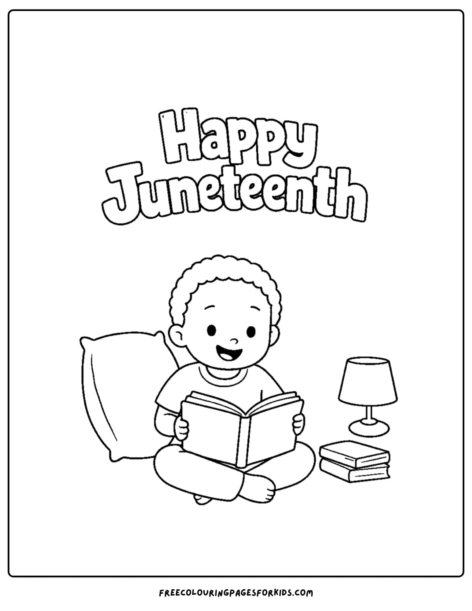 a happy juneteenth coloring page showing a child reading a book