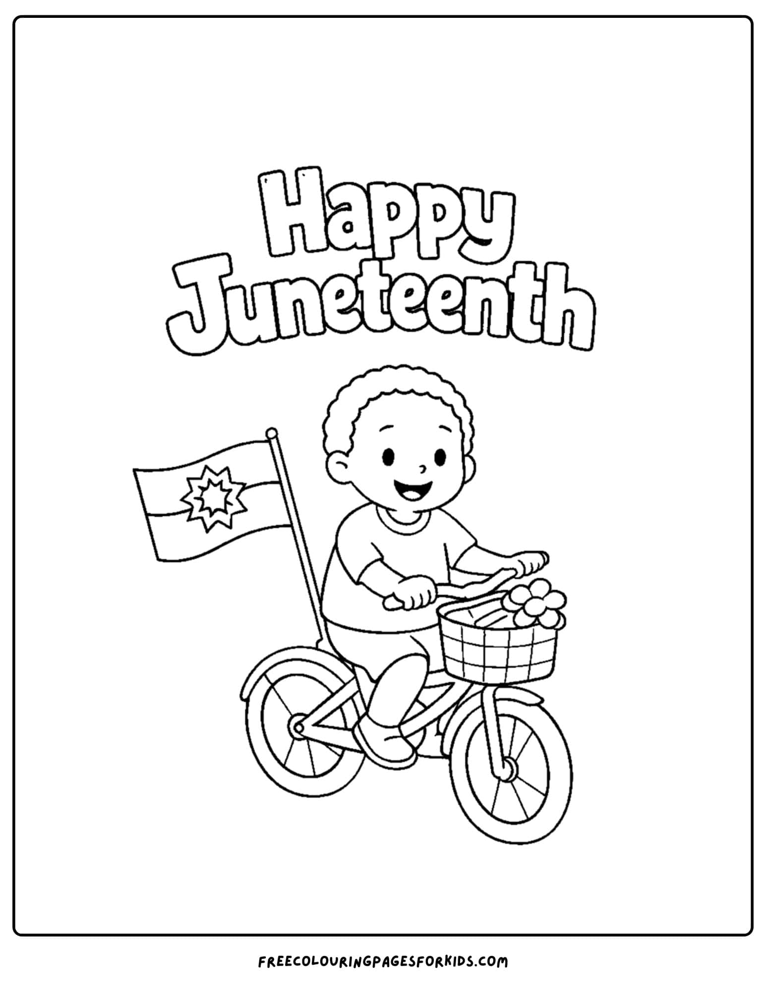 a happy juneteenth coloring page showing a child riding a bike with the juneteenth flag