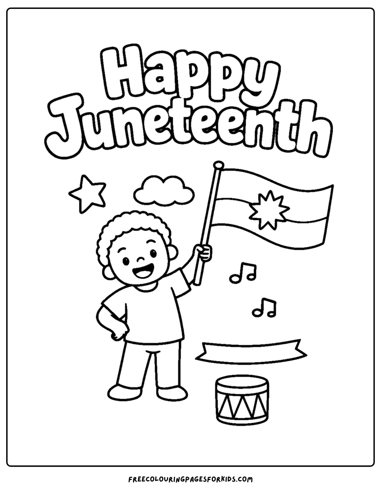 a happy juneteenth coloring page showing a child waving a flag