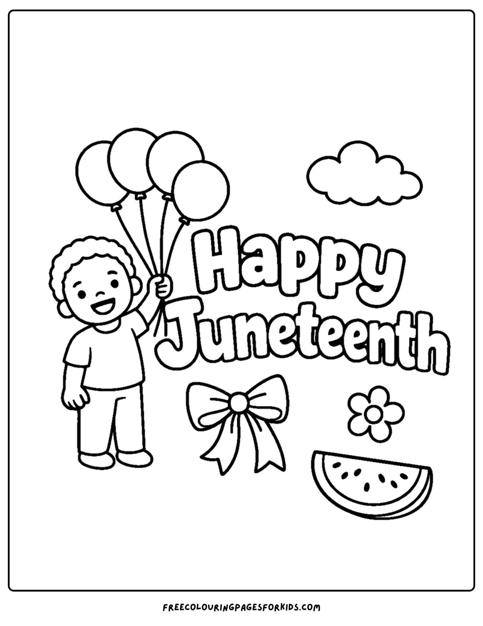 a happy juneteenth coloring page showing a child holding balloons