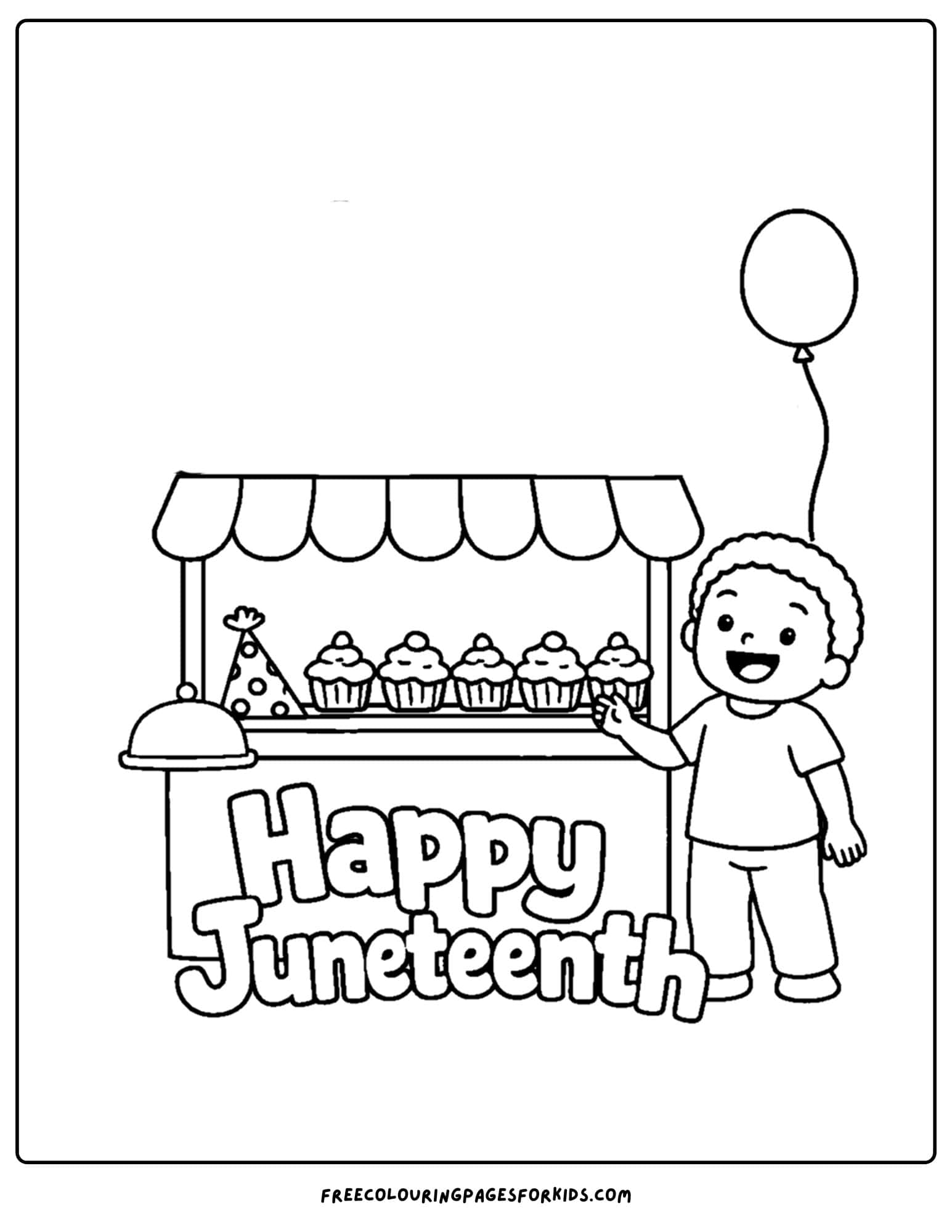 a happy juneteenth coloring page showing a child next to a cupcake stand
