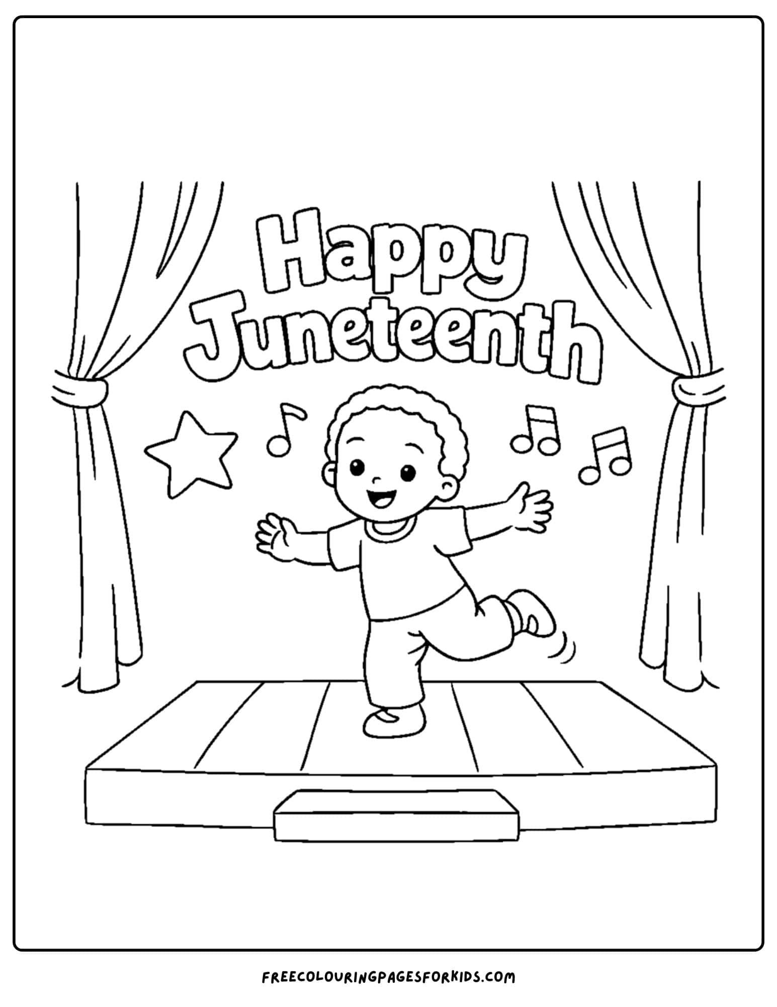 a happy juneteenth coloring page showing a child dancing on stage