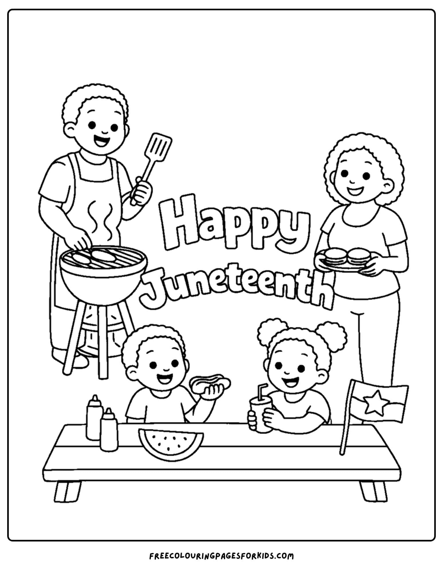 a happy juneteenth coloring page showing a child with their family having a cookout