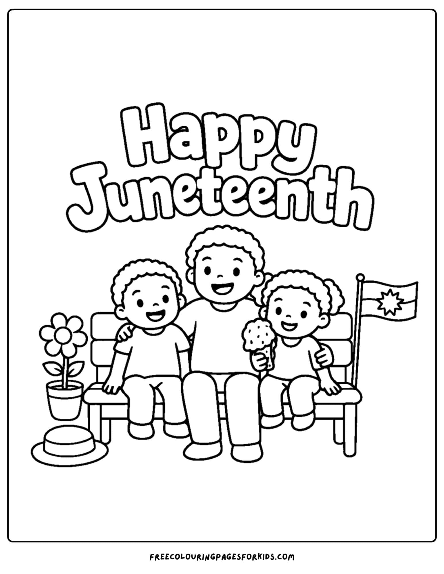 a happy juneteenth coloring page showing a child sitting with family on a bench