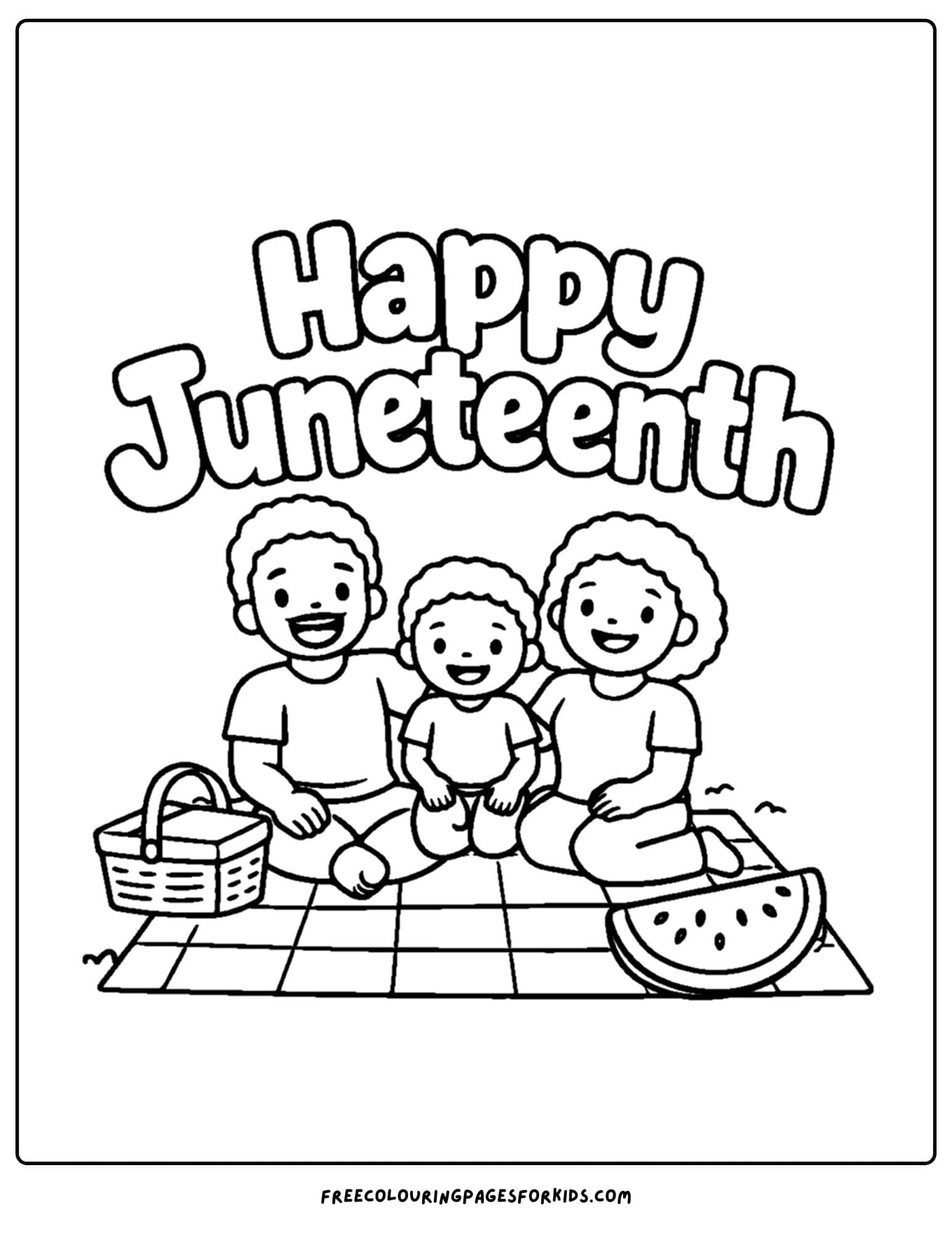 a happy juneteenth coloring page showing a child with their family having a picnic celebration