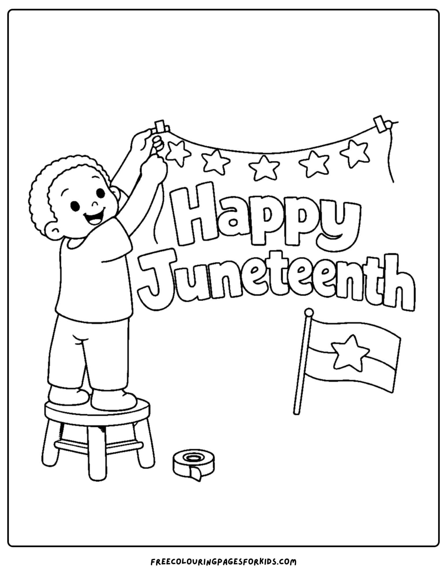 a happy juneteenth coloring page showing a child hanging star garlands