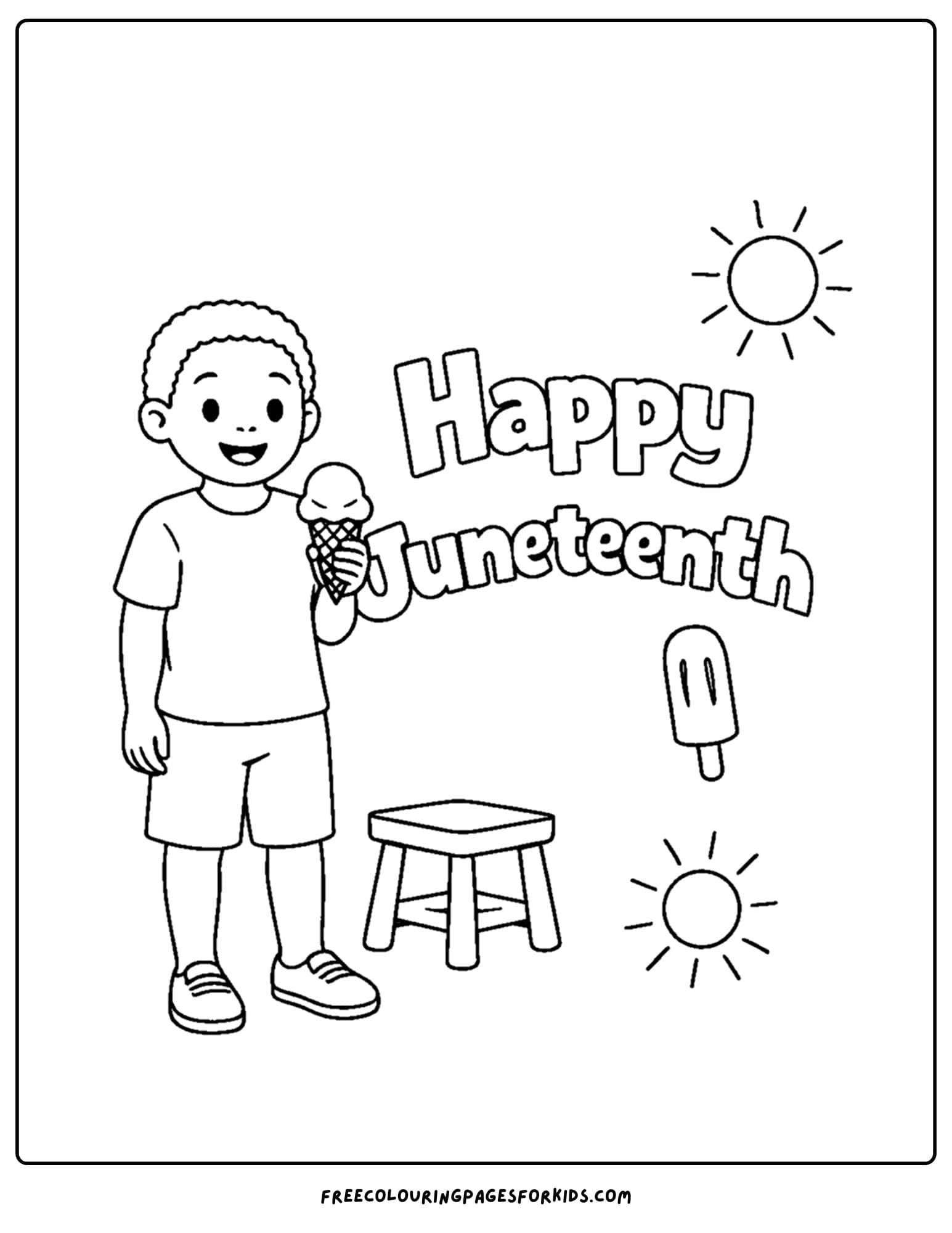 a happy juneteenth coloring page showing a child eating an ice cream