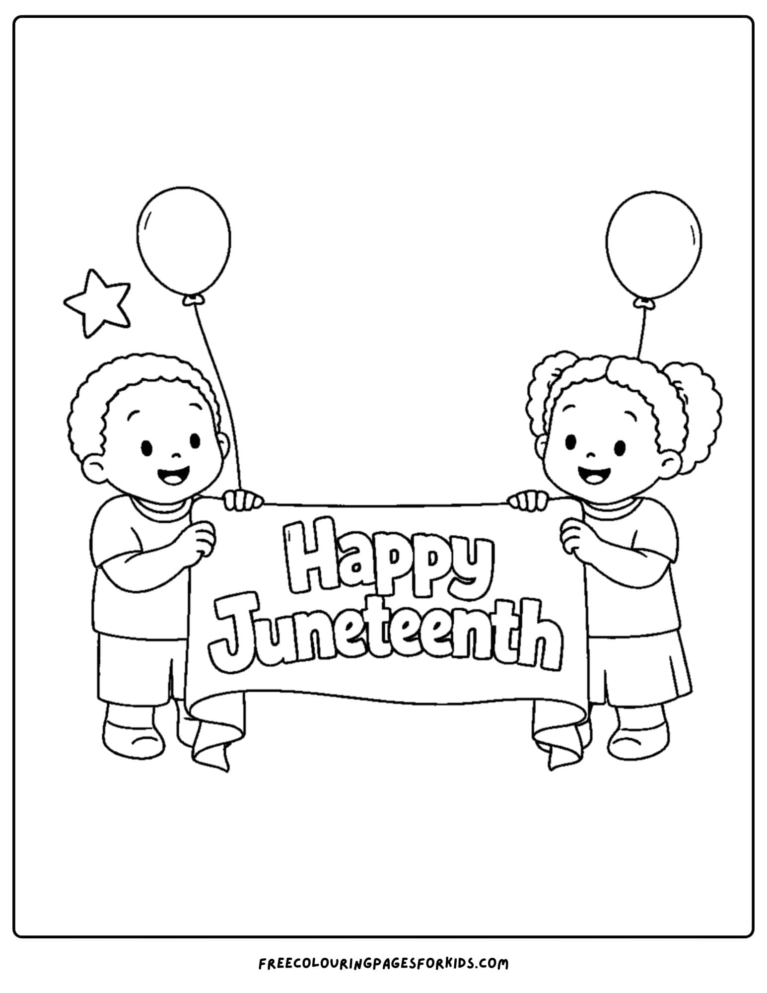 a happy juneteenth coloring page showing a child carrying a juneteenth banner