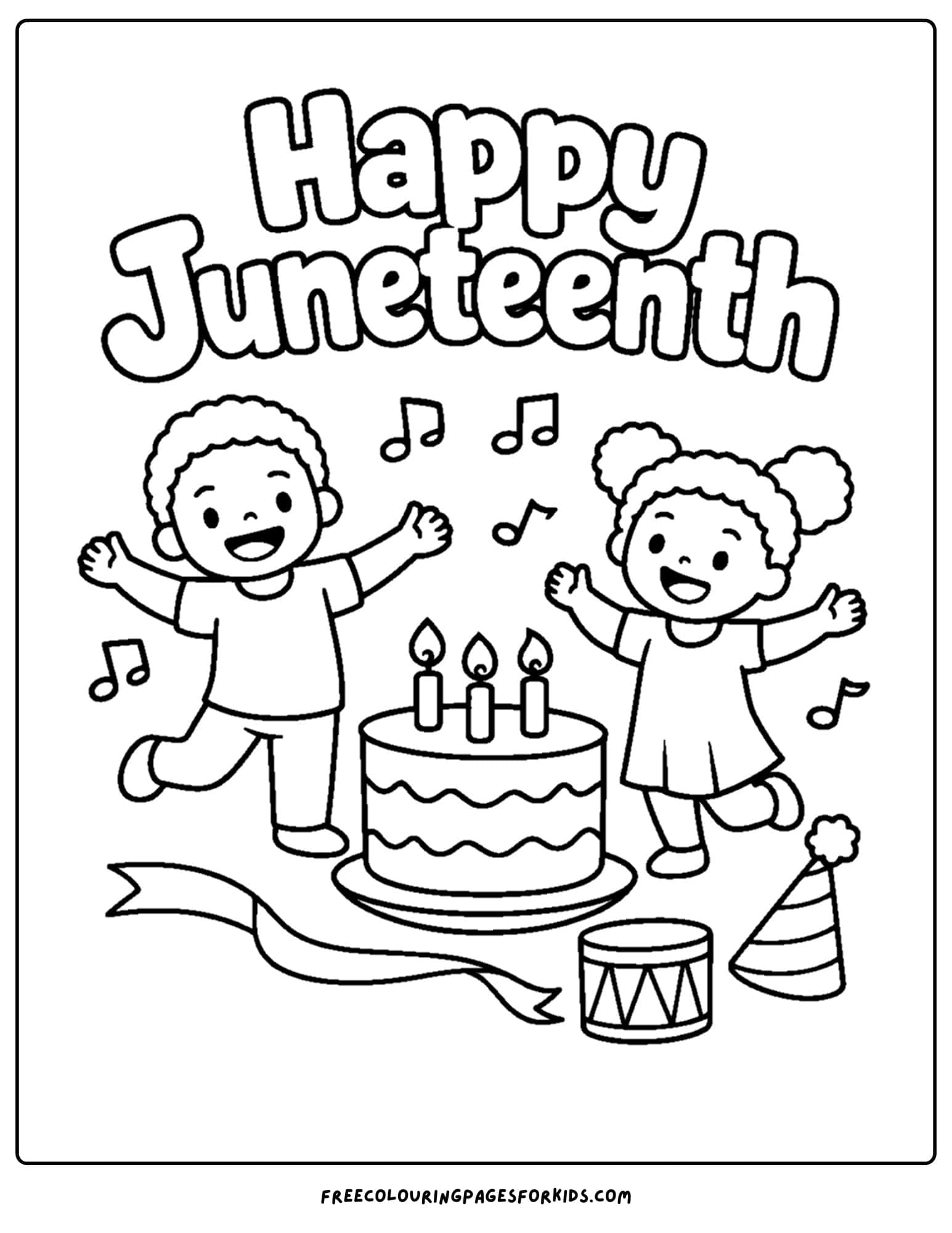 a happy juneteenth coloring page showing a child dancing with a friend around a cake