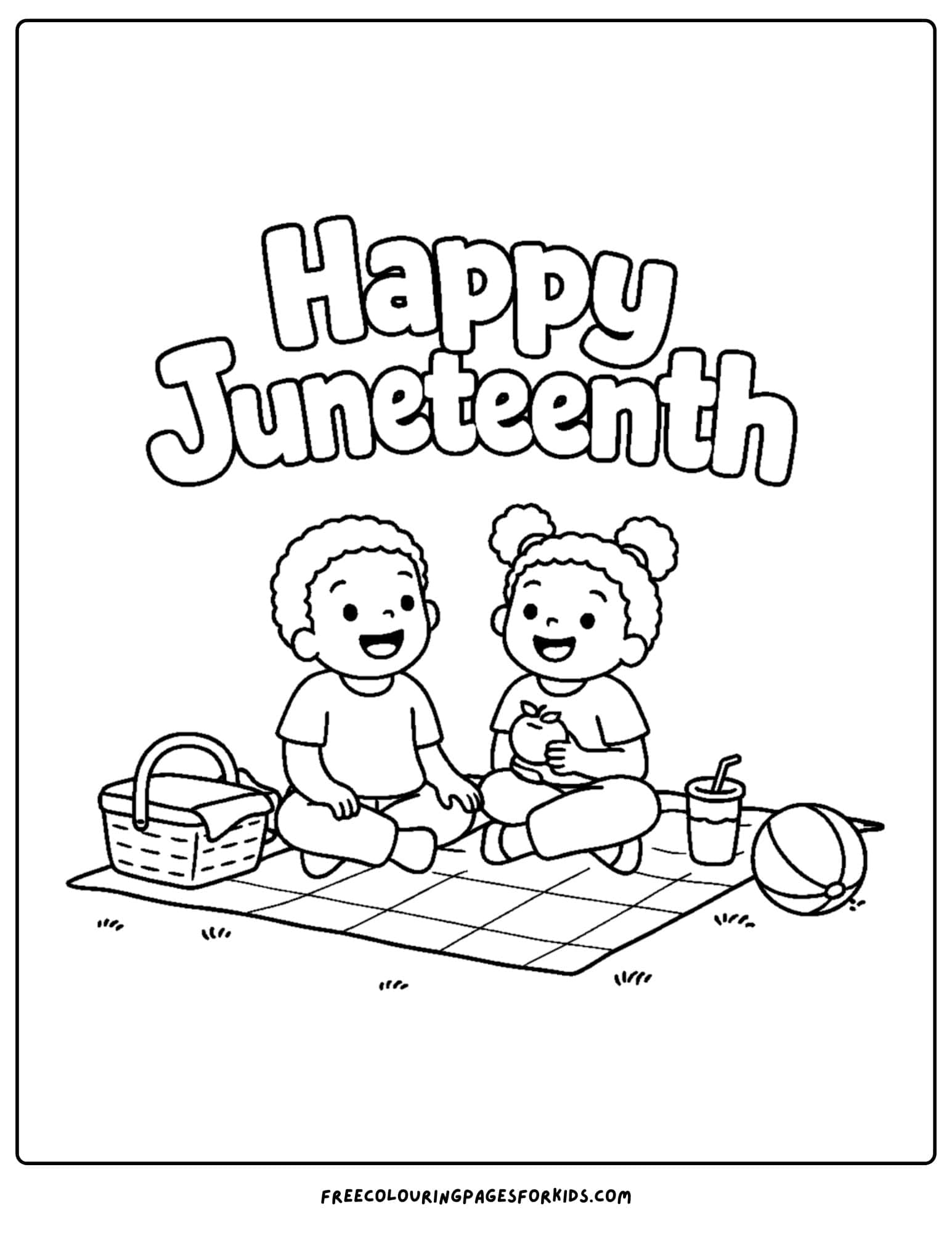 a happy juneteenth coloring page showing a child celebrating with a picnic