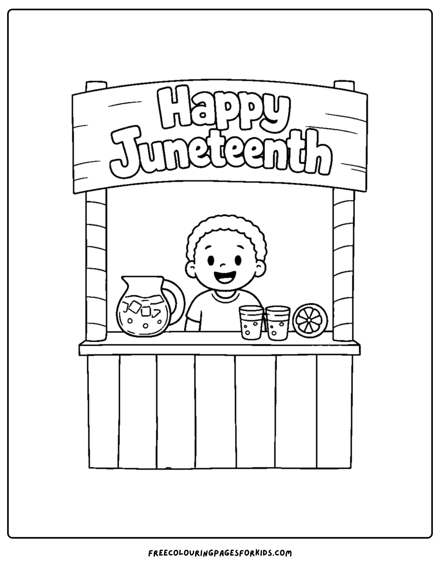 a happy juneteenth coloring page showing a child at a lemonade stand