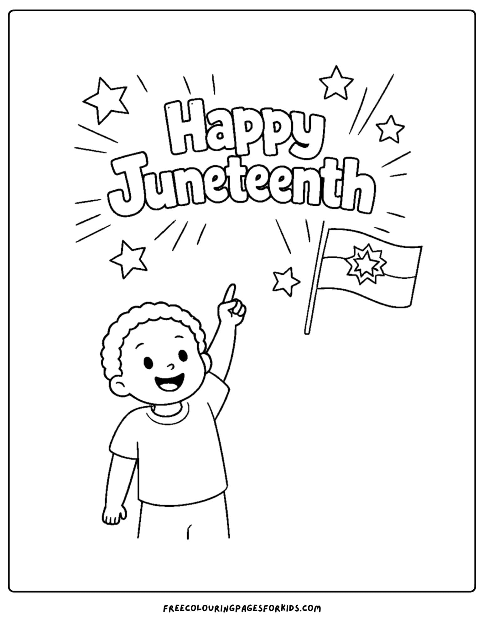 a happy juneteenth coloring page showing a child pointing at the juneteenth flag