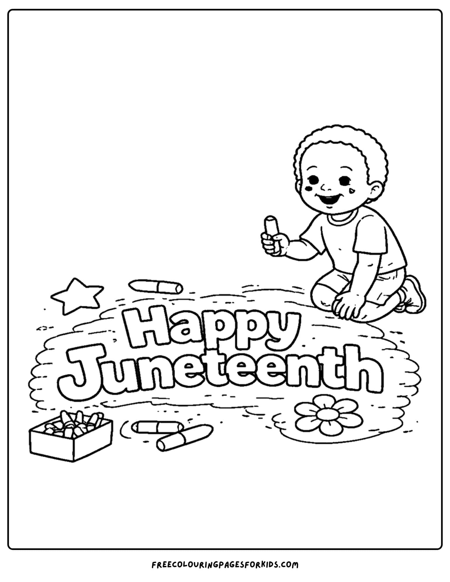 a happy juneteenth coloring page showing a child writing happy juneteenth in chalk